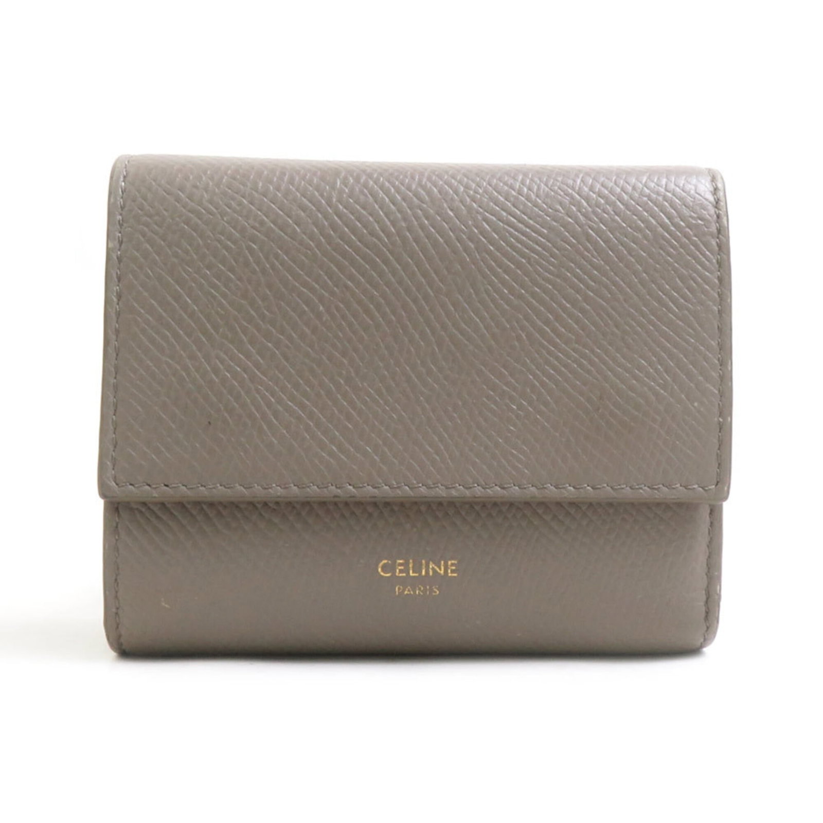 Celine Wallet (Tri-Fold) Leather: Celine Wallet (Tri-Fold) Leather Tri-fold leather wallet from Celine, crafted in Italy with a sleek grayish design. Measuring 8.7cm x 10.3cm x 2.8cm, it offers a compact and stylish way to carry