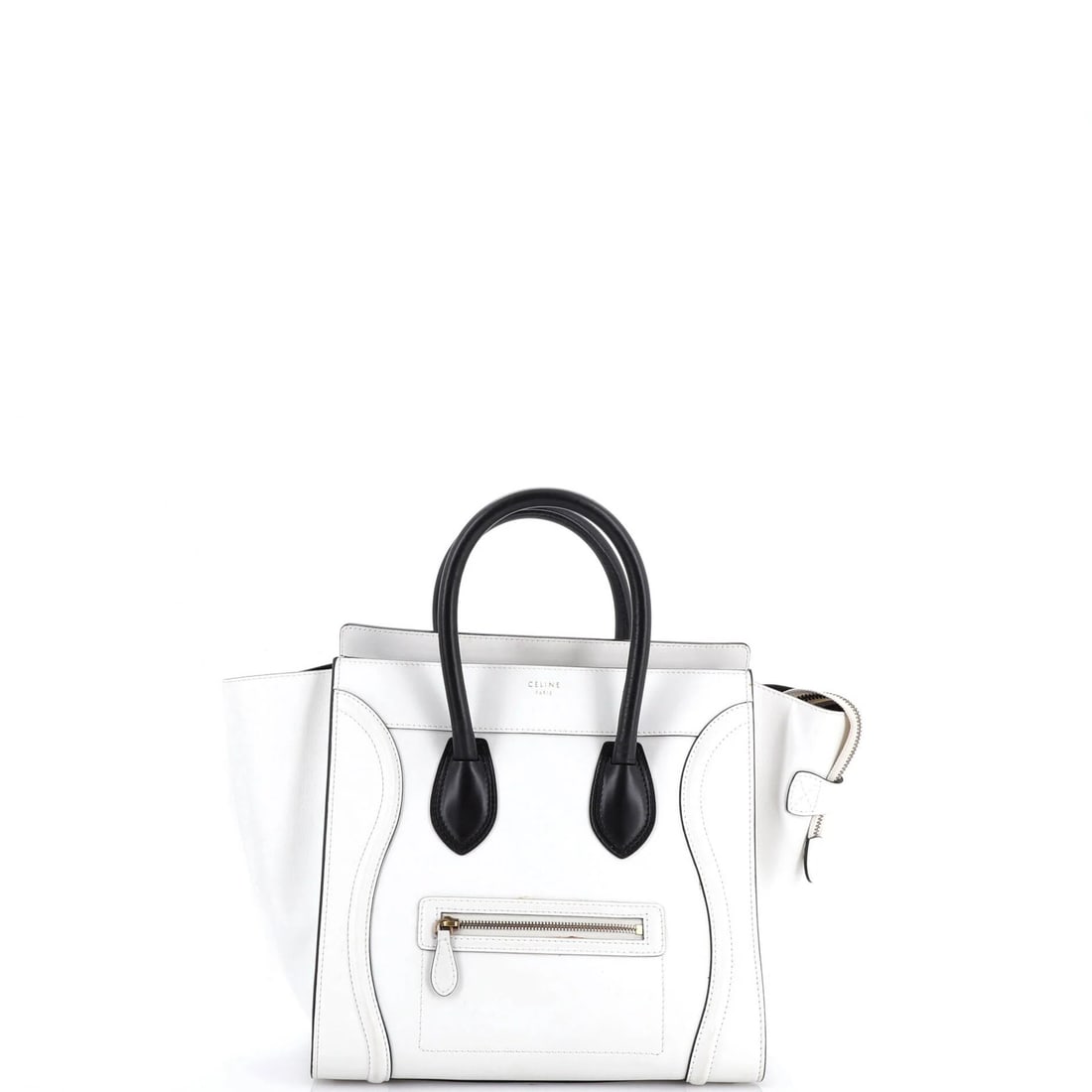 Bicolor Leather Mini Bag Celine Luggage: Bicolor Leather Mini Bag Celine Luggage White Bicolor Leather Mini Celine Luggage Bag with Aged Gold Hardware, featuring scuffs throughout and minor cracking on handles/straps. The exterior leather