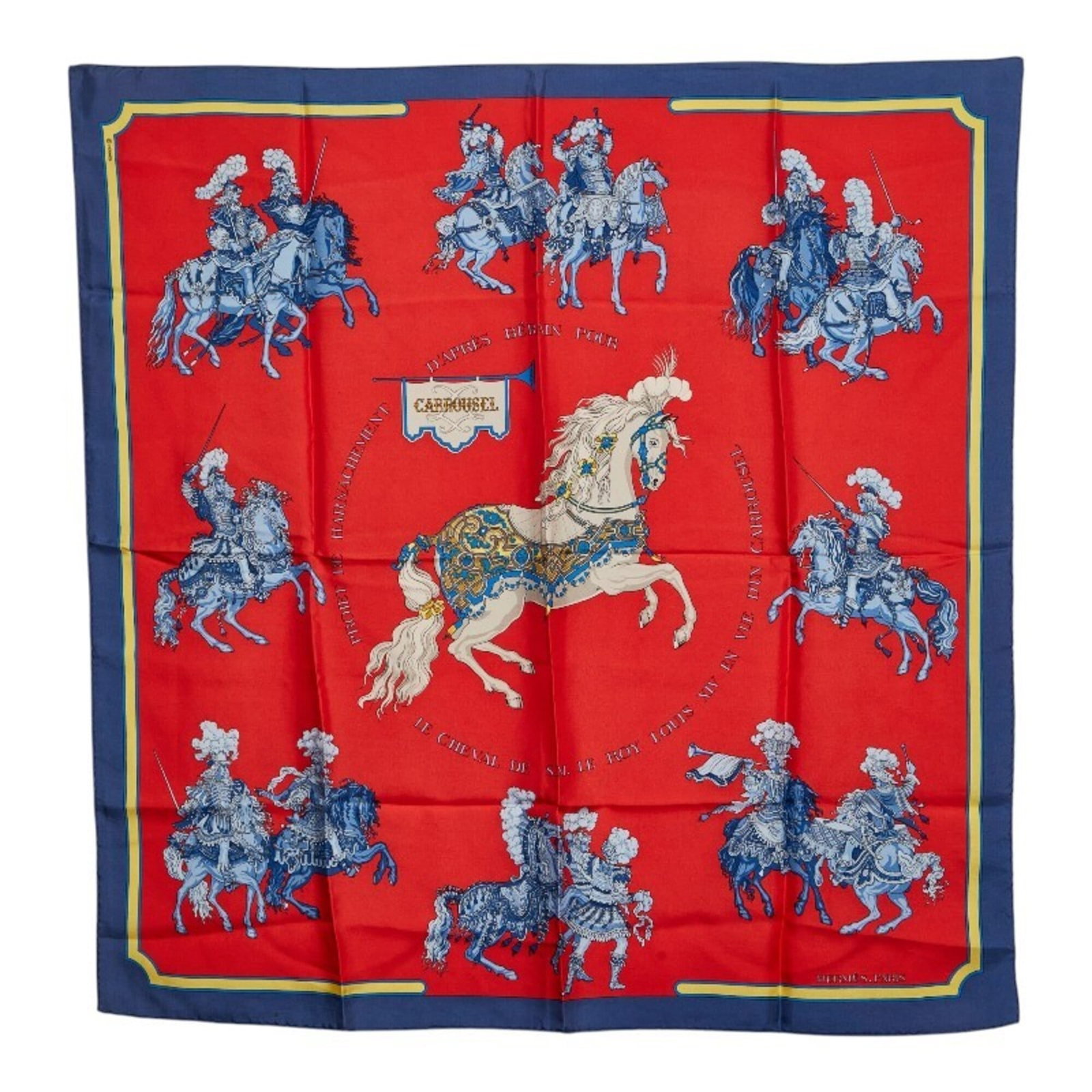 Hermes Silk Scarf: Hermes Silk Scarf Silk from the renowned French fashion house, Hermes, adorns this vibrant blue scarf with multi-color patterns. Made from high-quality silk, its 88cm x 88cm dimensions make it a state