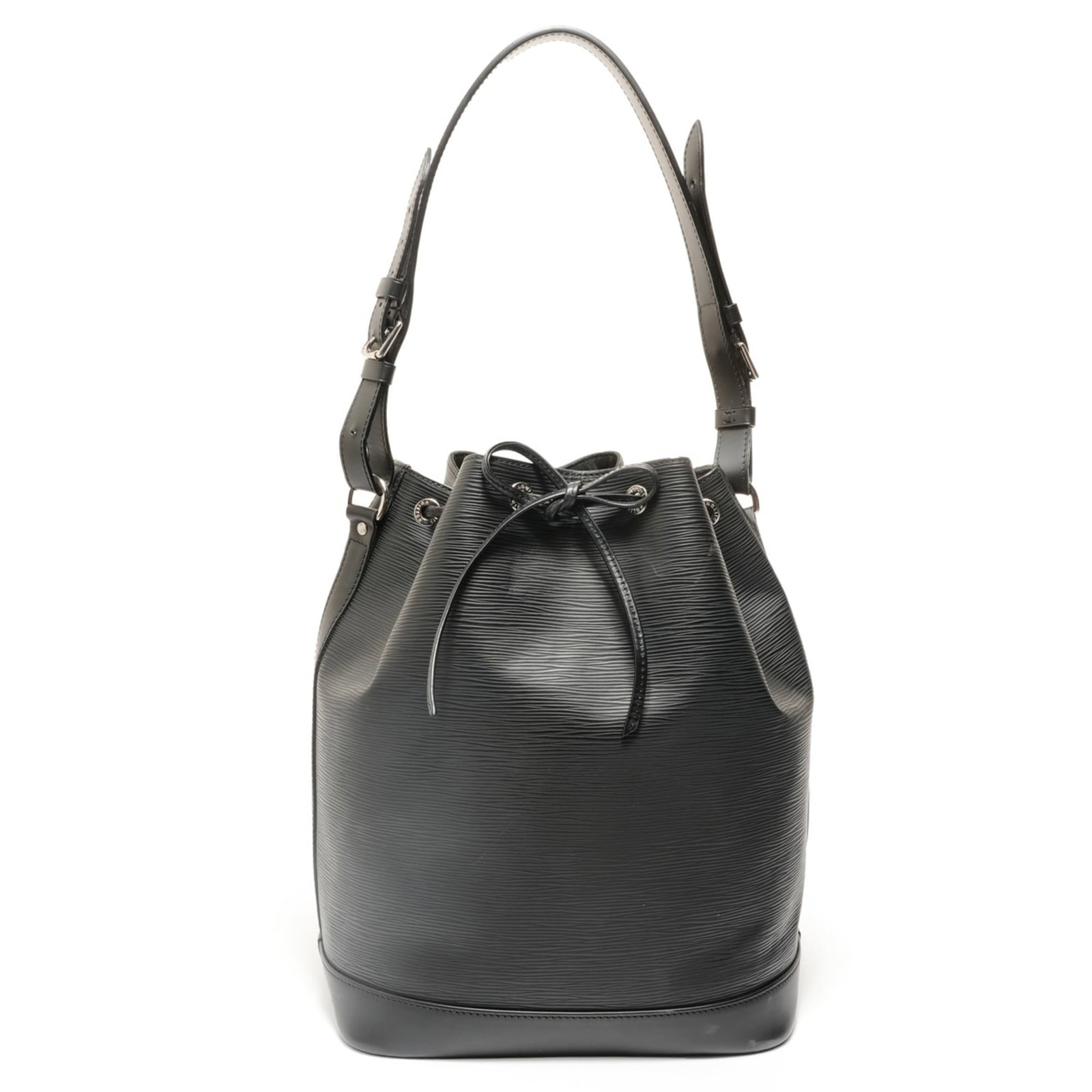 Vuitton Leather Epi Bag Shoulder Louis: Vuitton Leather Epi Bag Shoulder Louis Black Epi leather shoulder bag from Louis Vuitton, featuring a classic design with a signature. The bag measures 33cm x 30cm x 19cm and has adjustable straps