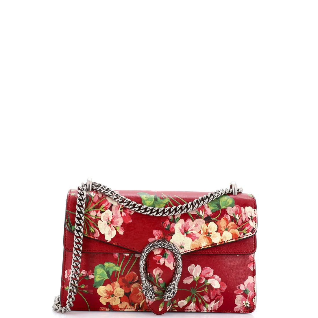 Print Blooms Small Leather Gucci Dionysus Bag: Print Blooms Small Leather Gucci Dionysus Bag Small Leather Gucci Dionysus Bag with striking Blooms Print exterior in red, featuring scuffs and creases on the exterior and discoloration on the interio