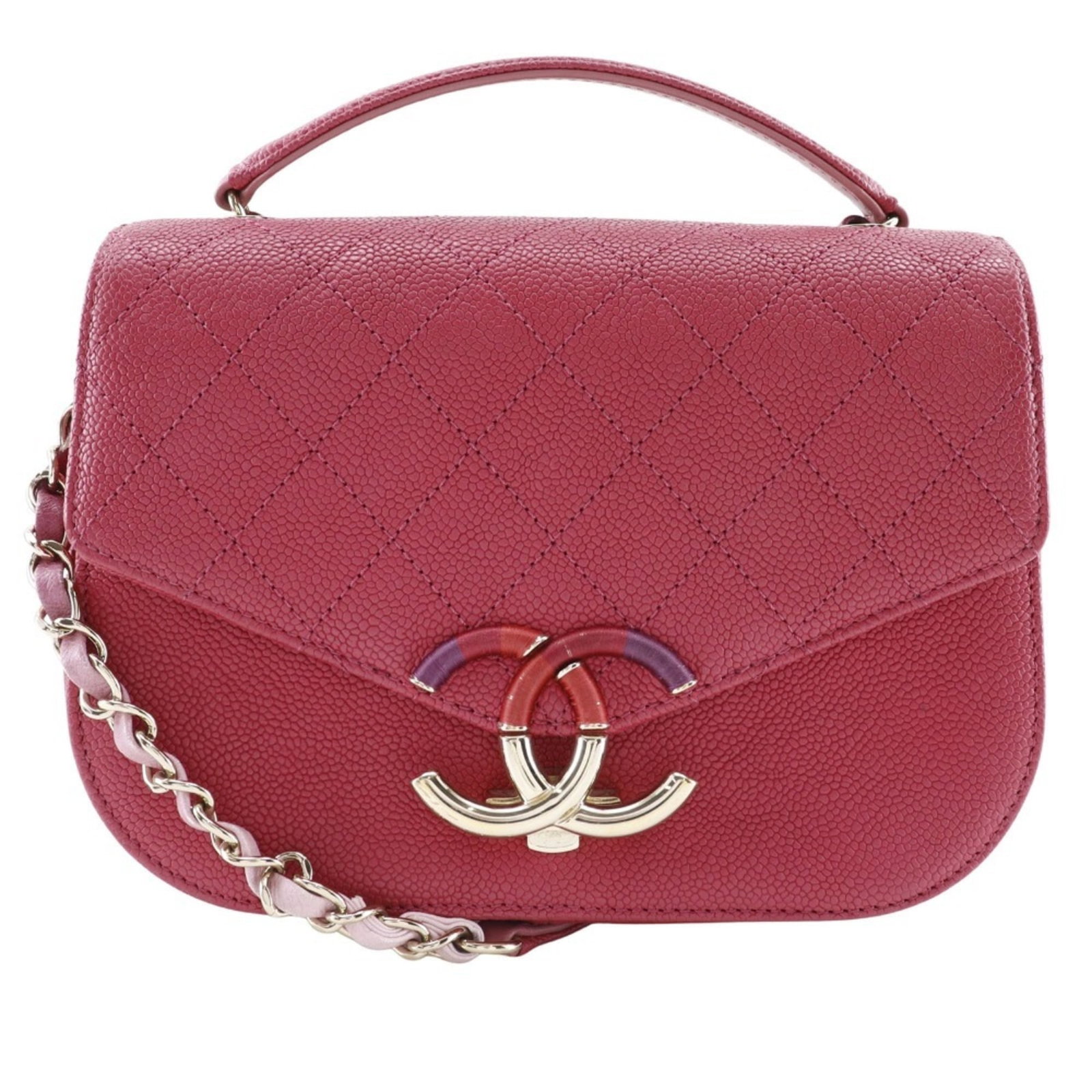 Handbag of Caviar Leather by Chanel: Handbag of Caviar Leather by Chanel Caviar leather handbag in pink from the iconic Chanel brand, featuring a compact size and dust bag for added convenience. This stylish accessory boasts high-quality