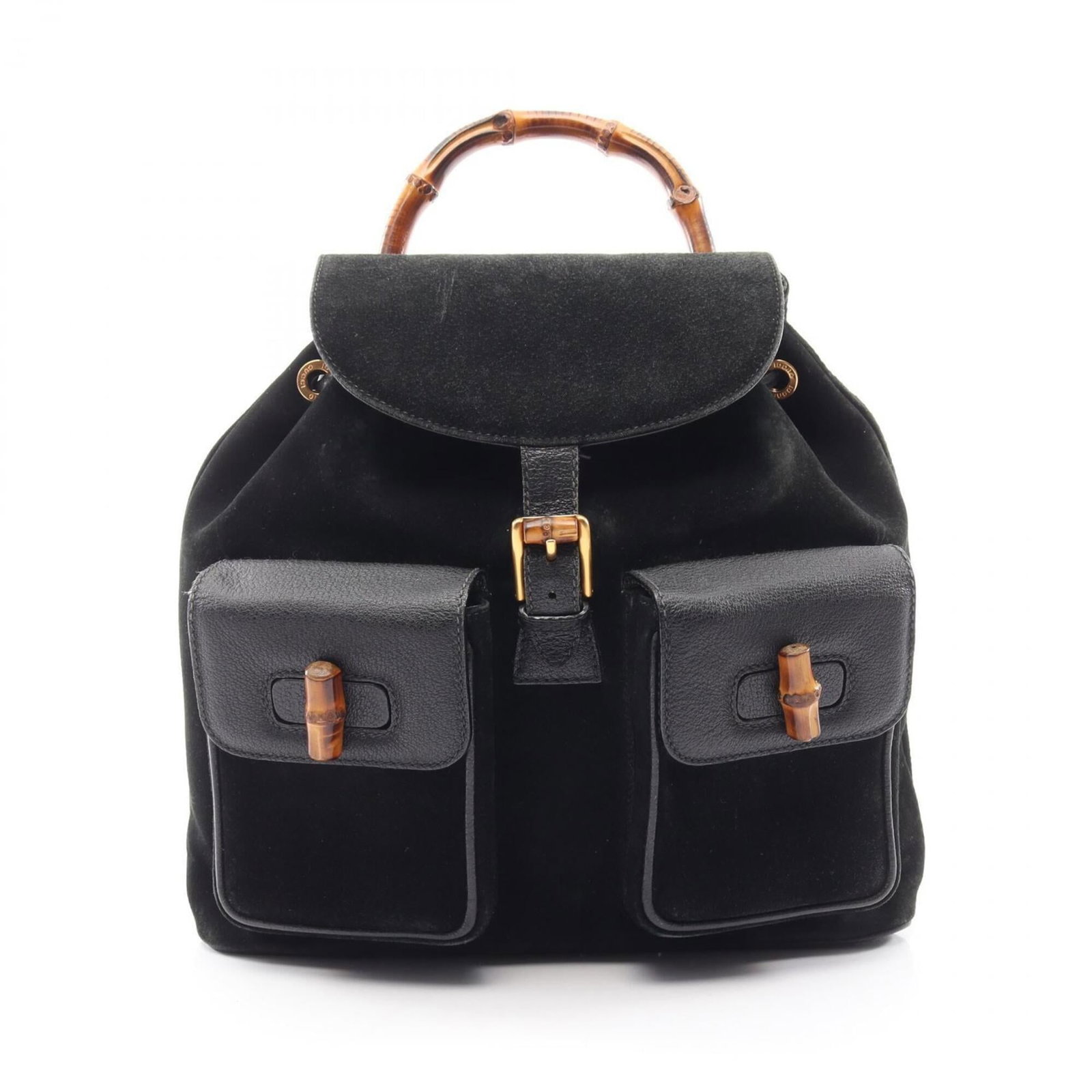Handbag Gucci Leather Suede Backpack: Handbag Gucci Leather Suede Backpack Suede and leather combine in sleek, sophisticated design as this Gucci backpack features a black finish. The compact size and durable materials make it a