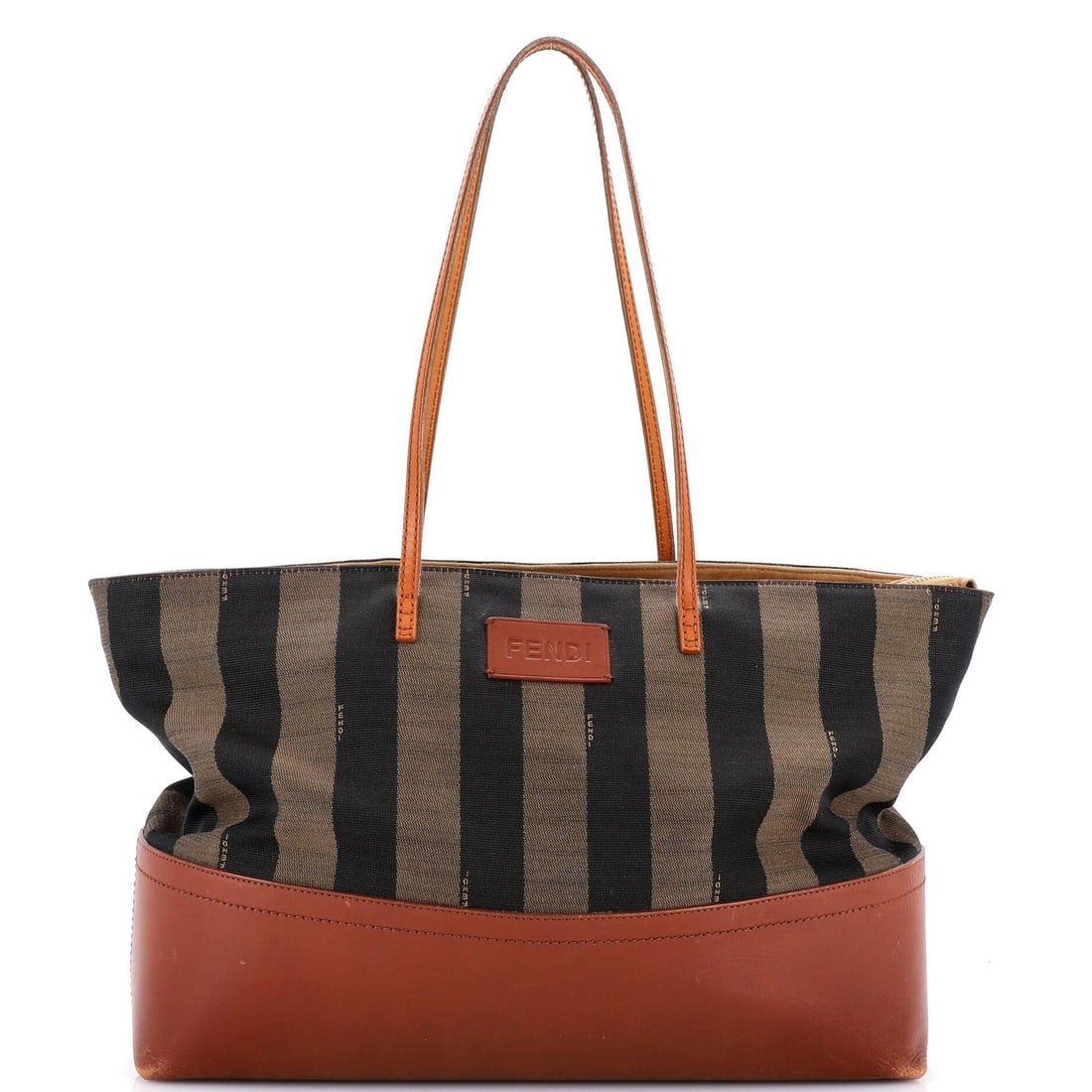 Canvas Leather Roll Pequin Tote Fendi: Canvas Leather Roll Pequin Tote Fendi Canvas and leather exterior, with heavy scuffs throughout and creases, characterize this Fendi Pequin Roll Tote. The canvas plain leather design features a brown
