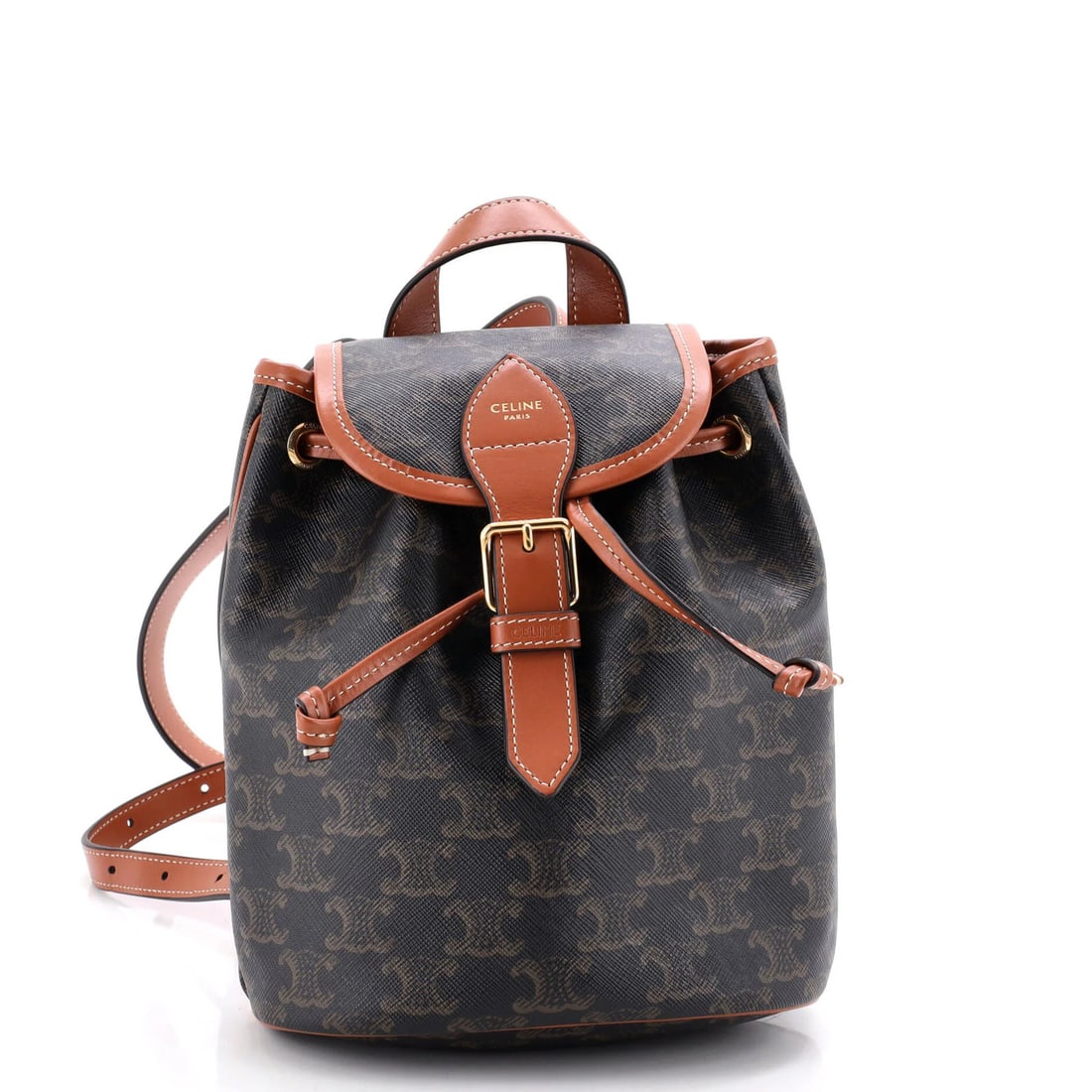 Celine Folco Backpack Triomphe Coated Canvas Mini: Celine Folco Backpack Triomphe Coated Canvas Mini The Celine Folco Backpack Triomphe Coated Canvas Mini boasts a rich, brown exterior crafted from high-quality canvas coated material. Measuring just 8