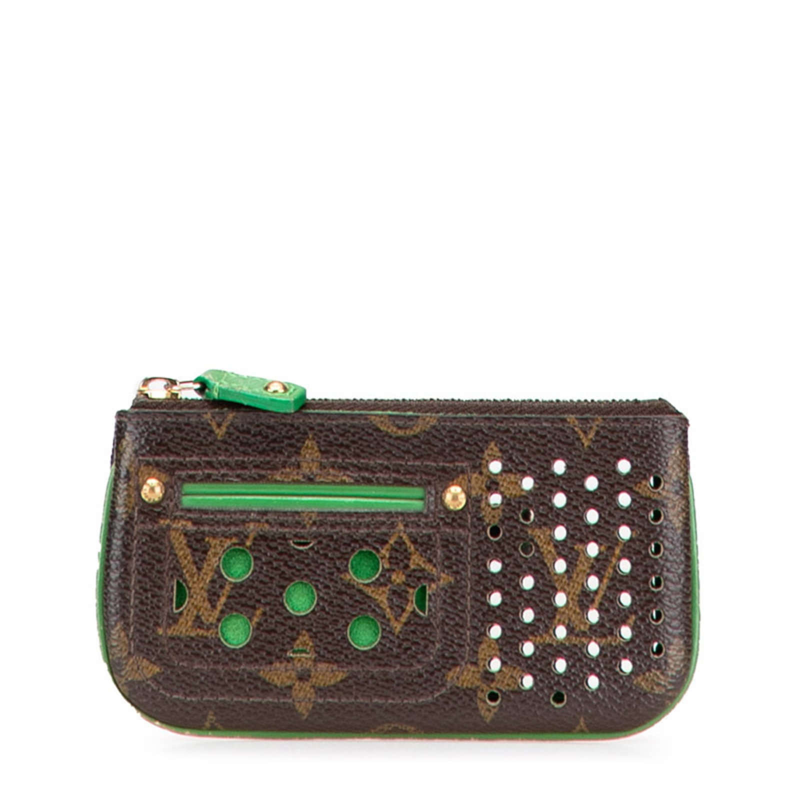 Louis Vuitton Pochette Pvc Leather: Louis Vuitton Pochette Pvc Leather Brown and Vert Louis Vuitton Pochette made from PVC and Leather, featuring a Zipper closure. The Monogram Perfo pattern adds visual interest to this compact bag.