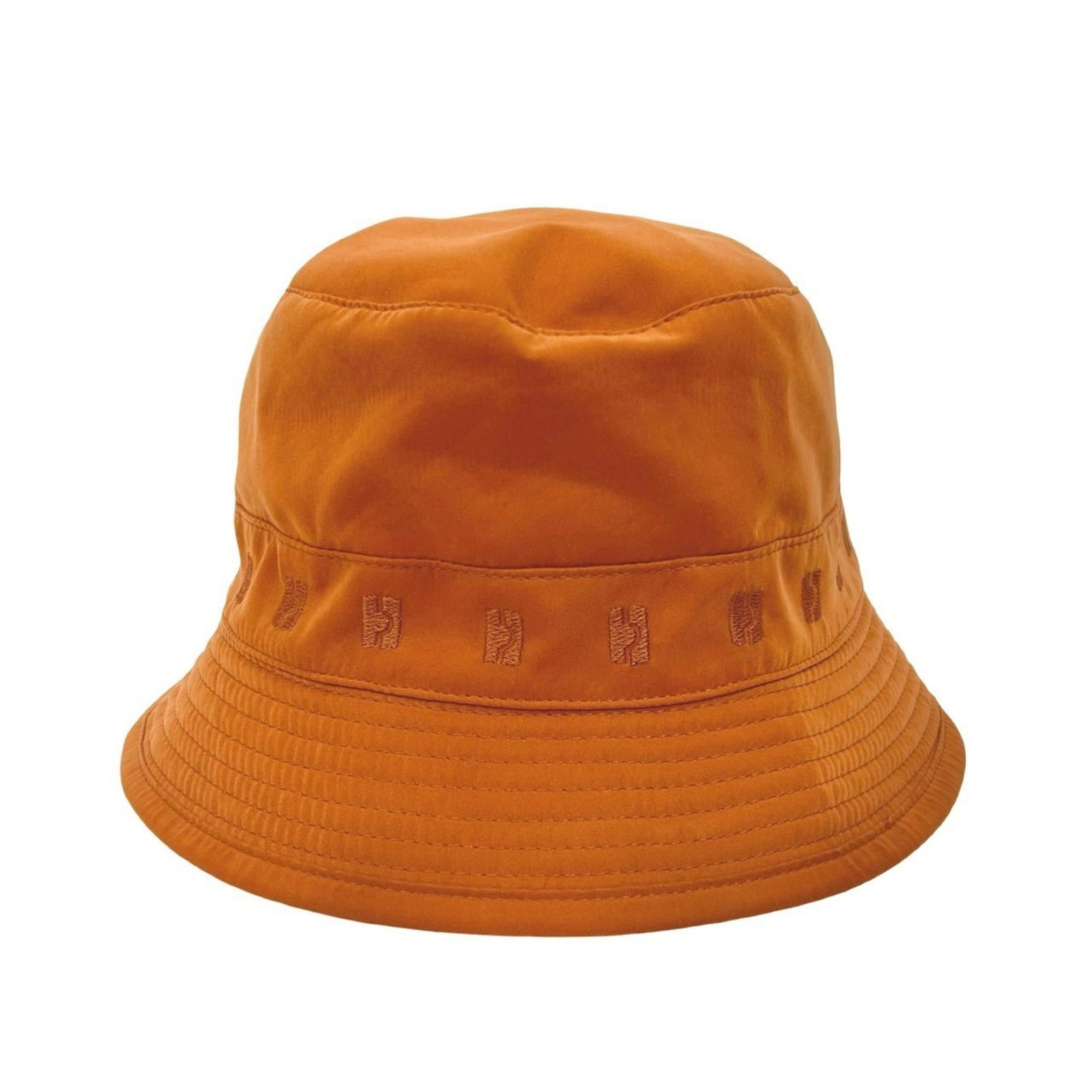 Nylon Acetate Hermes Hat Polyester Bucket: Nylon Acetate Hermes Hat Polyester Bucket Orange Nylon Acetate Bucket Hat with Polyester Trim, Measuring 14cm Height and 58.5cm Circumference. This vibrant orange bucket hat combines polyester, nylon,