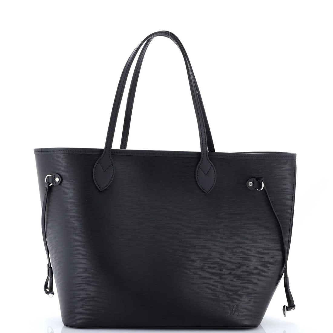 Louis Vuitton Neverfull Tote Epi Leather MM: Louis Vuitton Neverfull Tote Epi Leather MM Black Epi Leather Louis Vuitton Neverfull Tote MM with minor scuffs and creases on exterior, featuring silver hardware and microfiber interior. Measures 11"