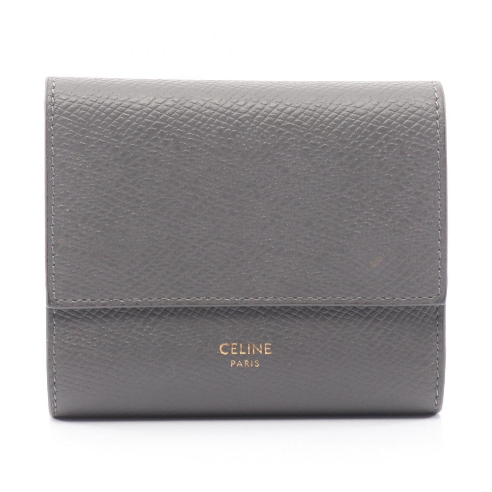 Celine Wallet (Tri-Fold) Leather: Celine Wallet (Tri-Fold) Leather Tri-fold leather wallet from Celine, featuring a sleek gray design. This compact wallet measures 8.5cm x 10.5cm x 3cm and boasts a classic tri-fold layout. Made from h