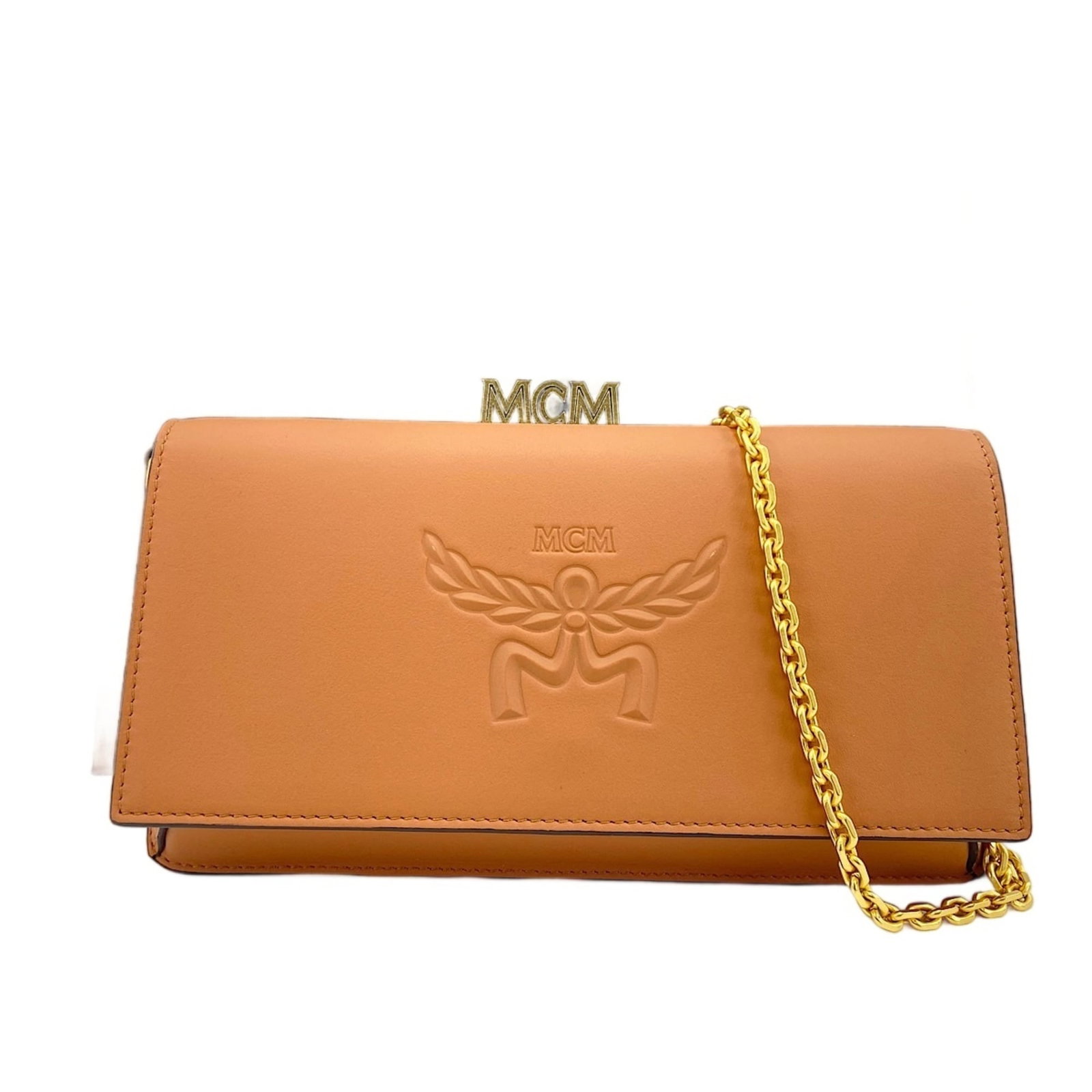 McM Pouch: McM Pouch The MCM Pouch boasts a rich brown color and sleek design, measuring 11cm x 21cm x 3cm. Its adjustable strap length of 120cm provides a comfortable fit for everyday use. The pouch bears a