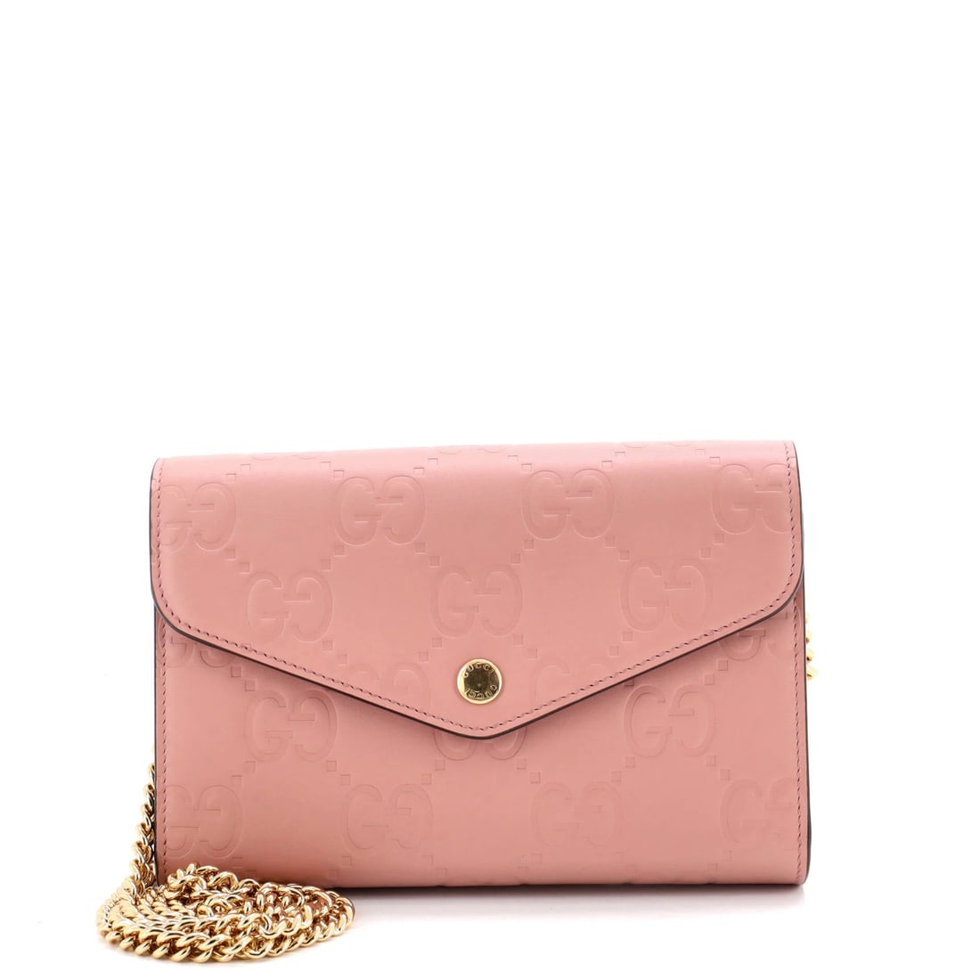 Gucci wallet leather chain envelope: Gucci wallet leather chain envelope Pink Gucci leather chain envelope wallet features Guccissima leather exterior with minor scuffs and creases, gold hardware, and pink interior fabric and leather. Th