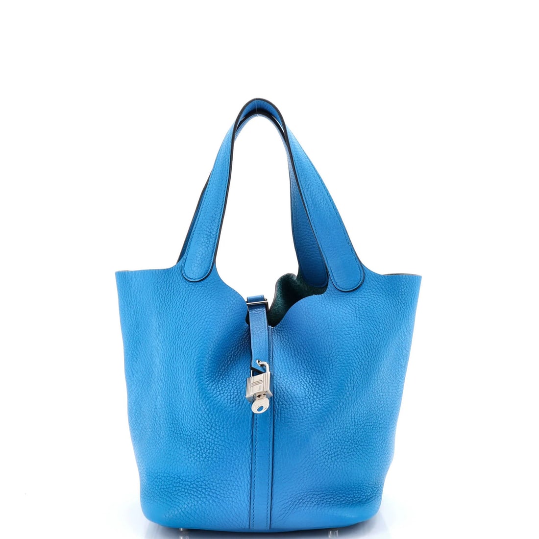 Picotin Lock Bag Clemence MM Hermes: Picotin Lock Bag Clemence MM Hermes The Picotin Lock Bag Clemence MM Hermes features a striking blue exterior with palladium hardware, showcasing the brand's signature style. This leather bag boasts a