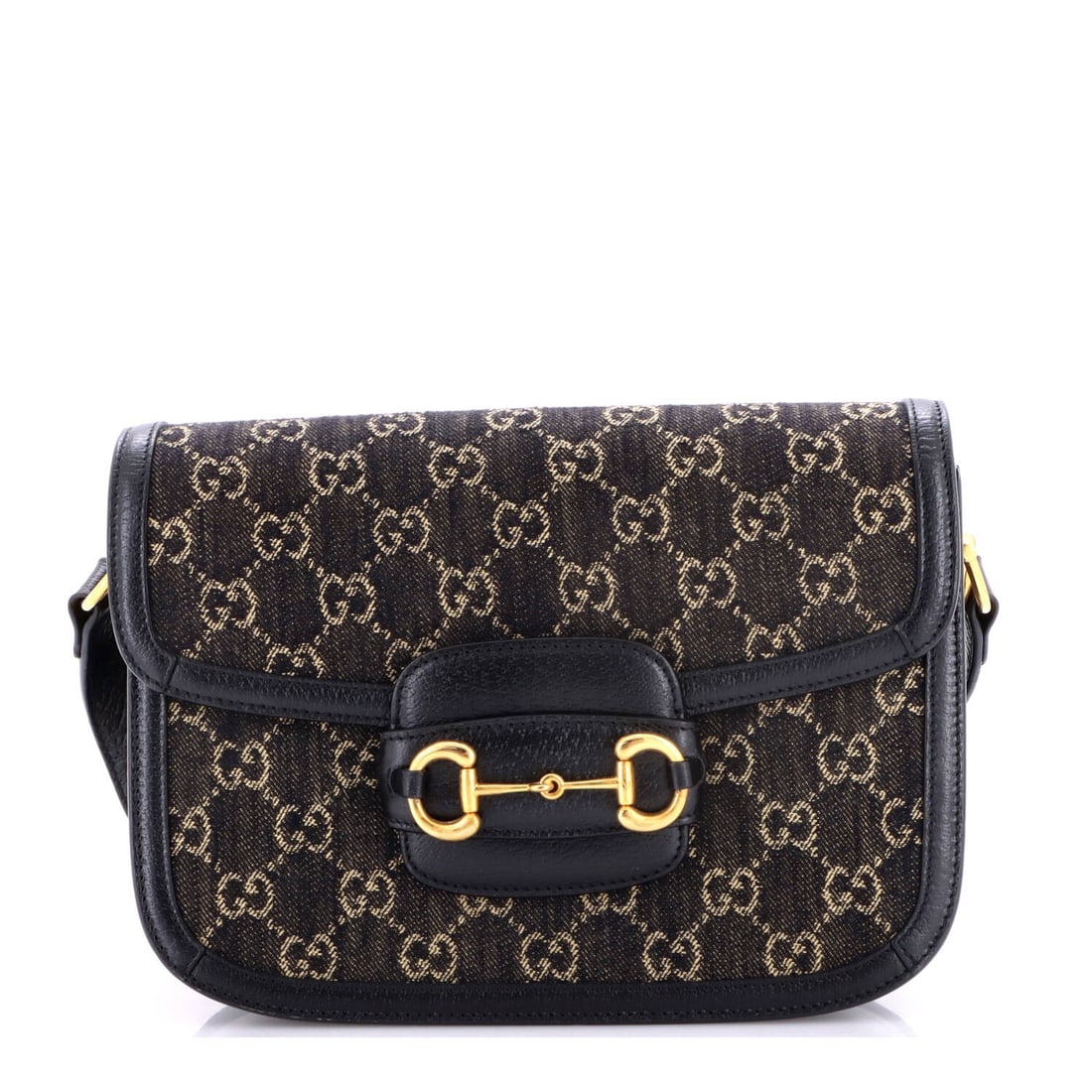Gucci Horsebit Bag Small GG Denim 1955: Gucci Horsebit Bag Small GG Denim 1955 Small GG Denim Horsebit Bag from Gucci's iconic 1955 collection. This black denim shoulder bag features the signature Horsebit detail and a neutral interior,