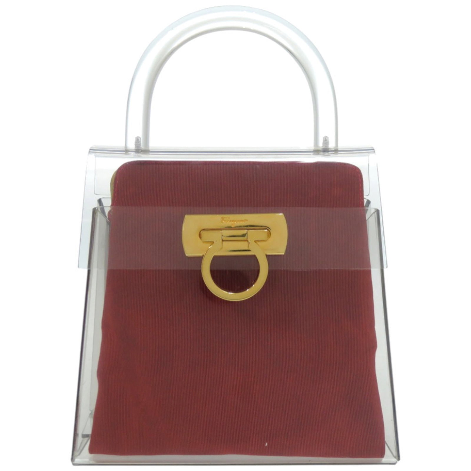 Metal Acrylic Ferragamo Handbag Salvatore: Metal Acrylic Ferragamo Handbag Salvatore This Salvatore Ferragamo handbag features an eye-catching design with clear, gold, and red accents. Made from durable acrylic and metal materials, it boasts
