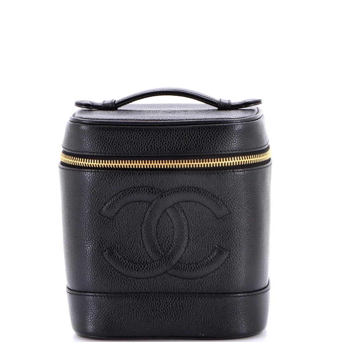 Chanel Vintage Timeless Cosmetic Case Caviar Tall: Chanel Vintage Timeless Cosmetic Case Caviar Tall Black leather exterior with aged gold hardware, featuring a classic caviar pattern on the tall version of Chanel's timeless cosmetic case. The interio