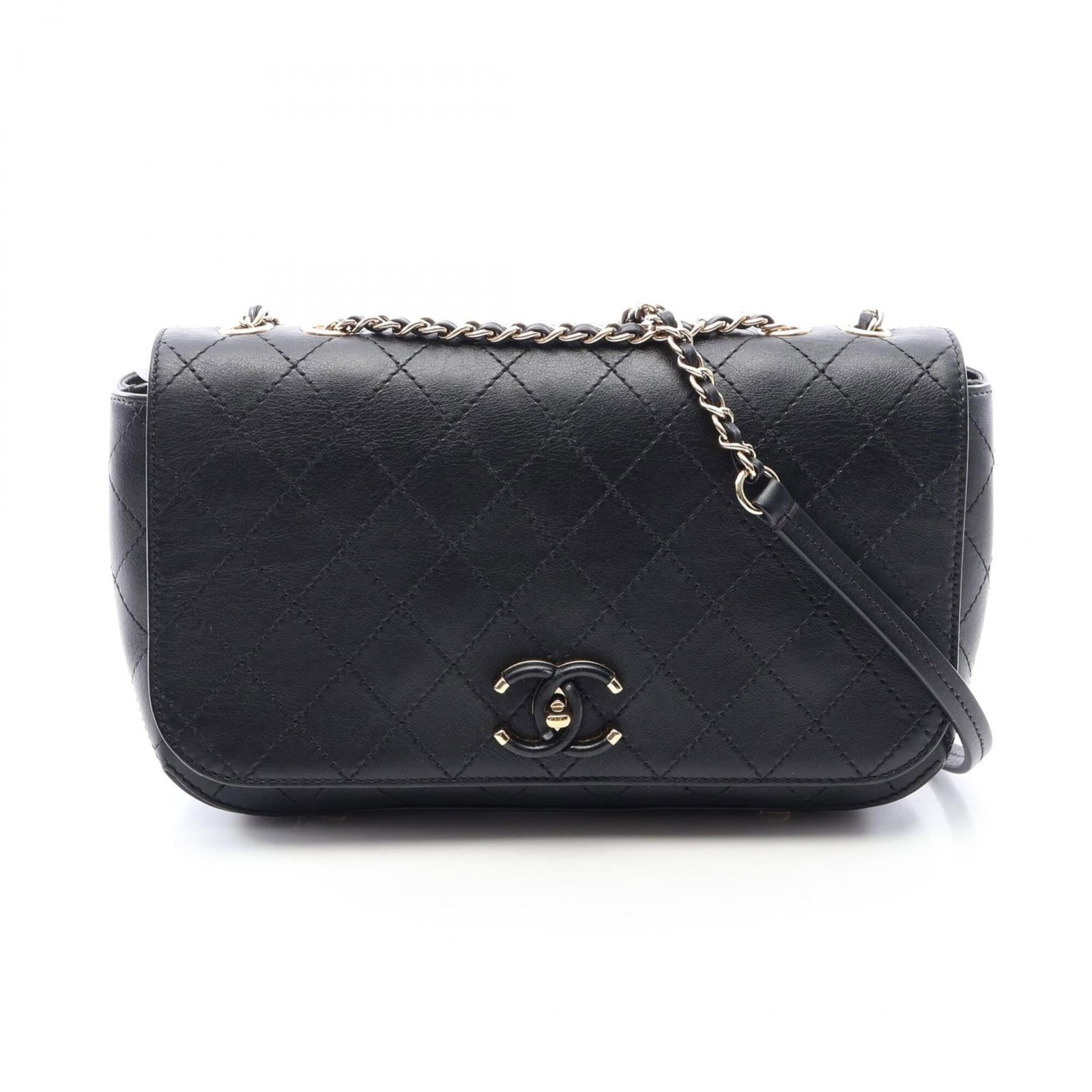 Chanel Handbag Shoulder Bag Leather: Chanel Handbag Shoulder Bag Leather Black leather Chanel shoulder bag with gold hardware, measuring 15.5cm x 23.5cm x 7.5cm. This classic design features a timeless combination of sleek lines and luxu