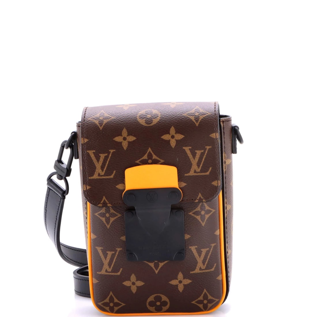 Lock S Wearable Vertical Louis Vuitton Macassar Monogram: Lock S Wearable Vertical Louis Vuitton Macassar Monogram The Louis Vuitton S Lock Vertical Wearable Macassar Monogram features a striking orange canvas exterior with scuffs and edge wear, showcasing