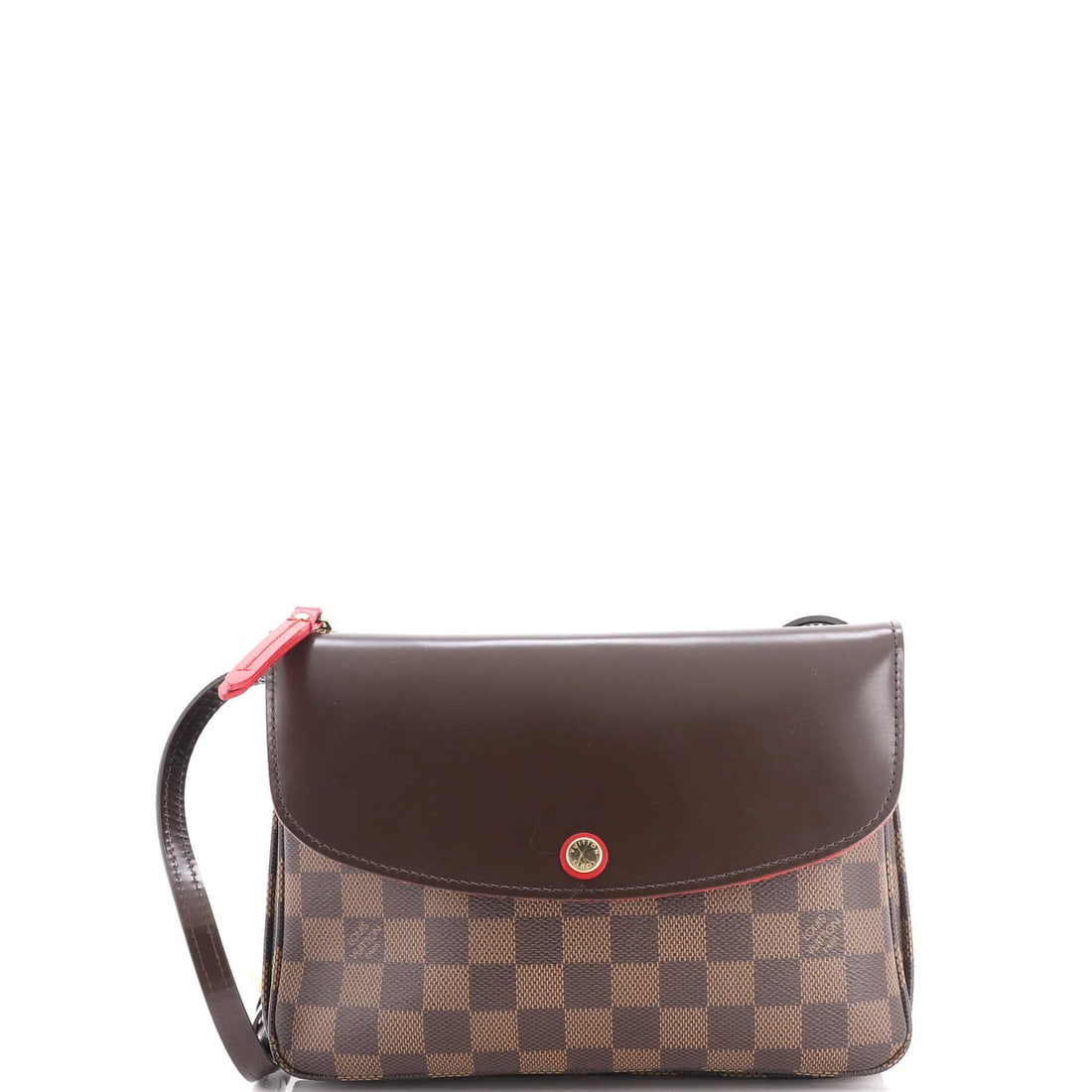 Twice Handbag Damier by Louis Vuitton: Twice Handbag Damier by Louis Vuitton Brown canvas coated leather Louis Vuitton Twice Handbag Damier with gold hardware, featuring a classic cross body design and red microfiber interior. Measuring