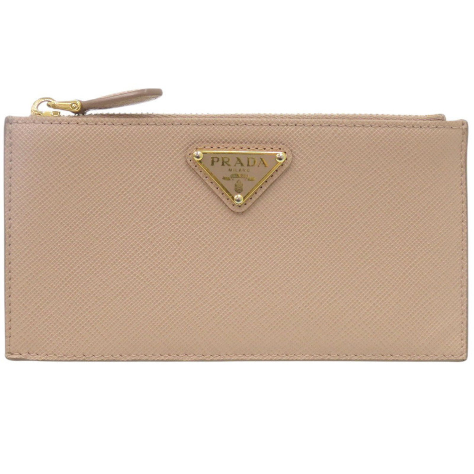 Prada Coin Purse/ Coin Case Saffiano Triangle: Prada Coin Purse/ Coin Case Saffiano Triangle Saffiano triangle material gives the Prada Coin Purse/ Coin Case its distinctive look and feel. This compact, beige-colored coin case measures 8cm x
