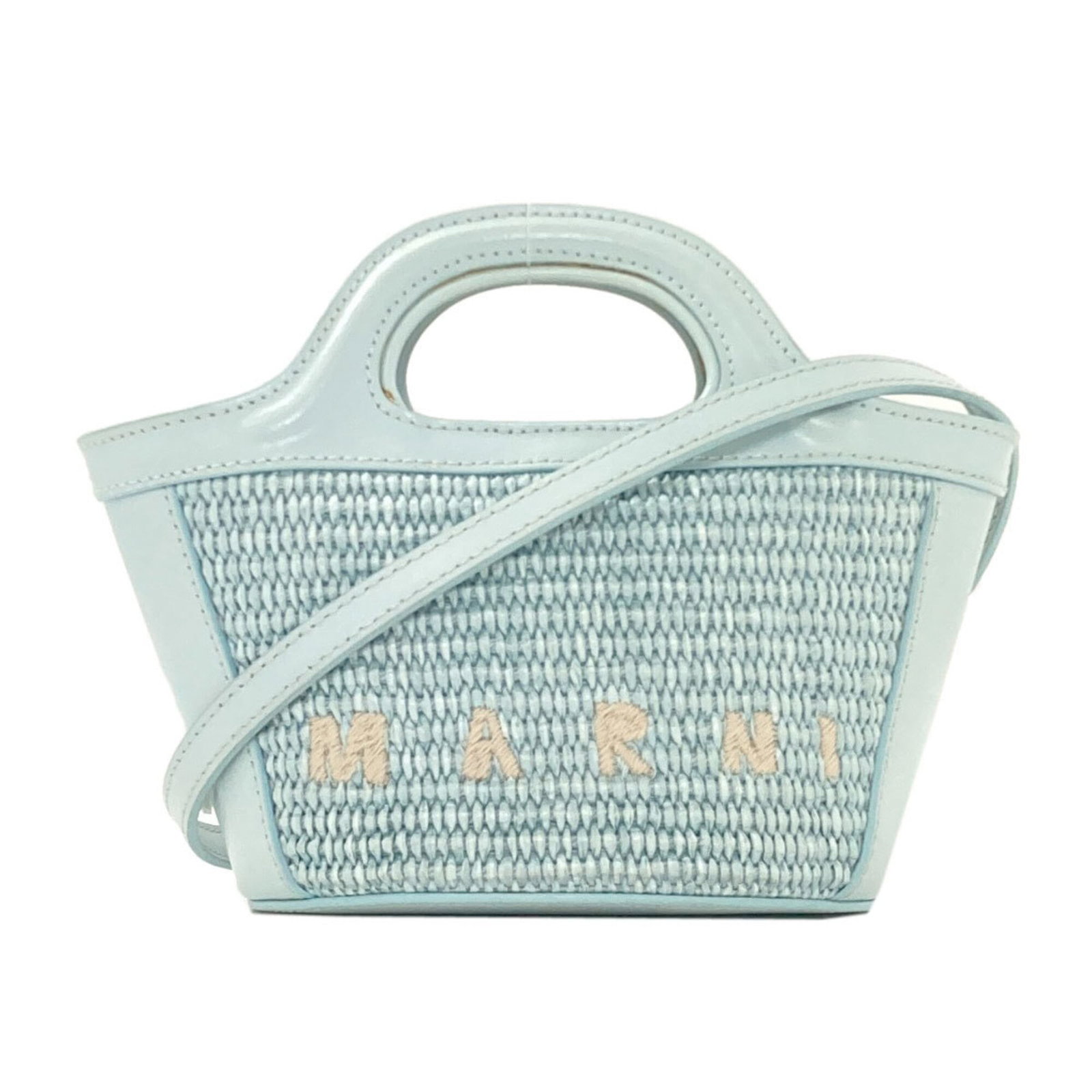 Marni Handbag Raffia Leather: Marni Handbag Raffia Leather Raffia and leather blend in this unique Marni handbag, showcasing light blue hues. The belt closure adds a touch of practicality to the design, while the adjustable strap