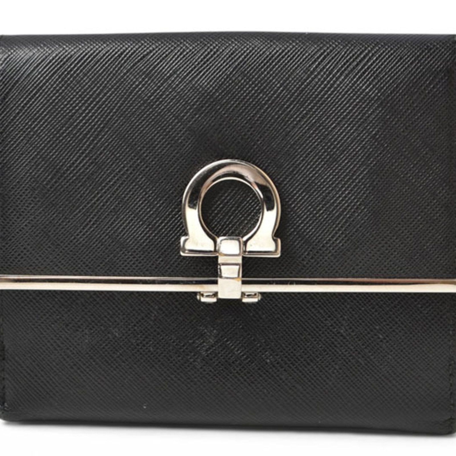 Salvatore Ferragamo Wallet (Bi-Fold) Leather: Salvatore Ferragamo Wallet (Bi-Fold) Leather The Salvatore Ferragamo bi-fold leather wallet features sleek black leather construction with a snap fastener closure, measuring 10.5cm x 12cm x 2cm in