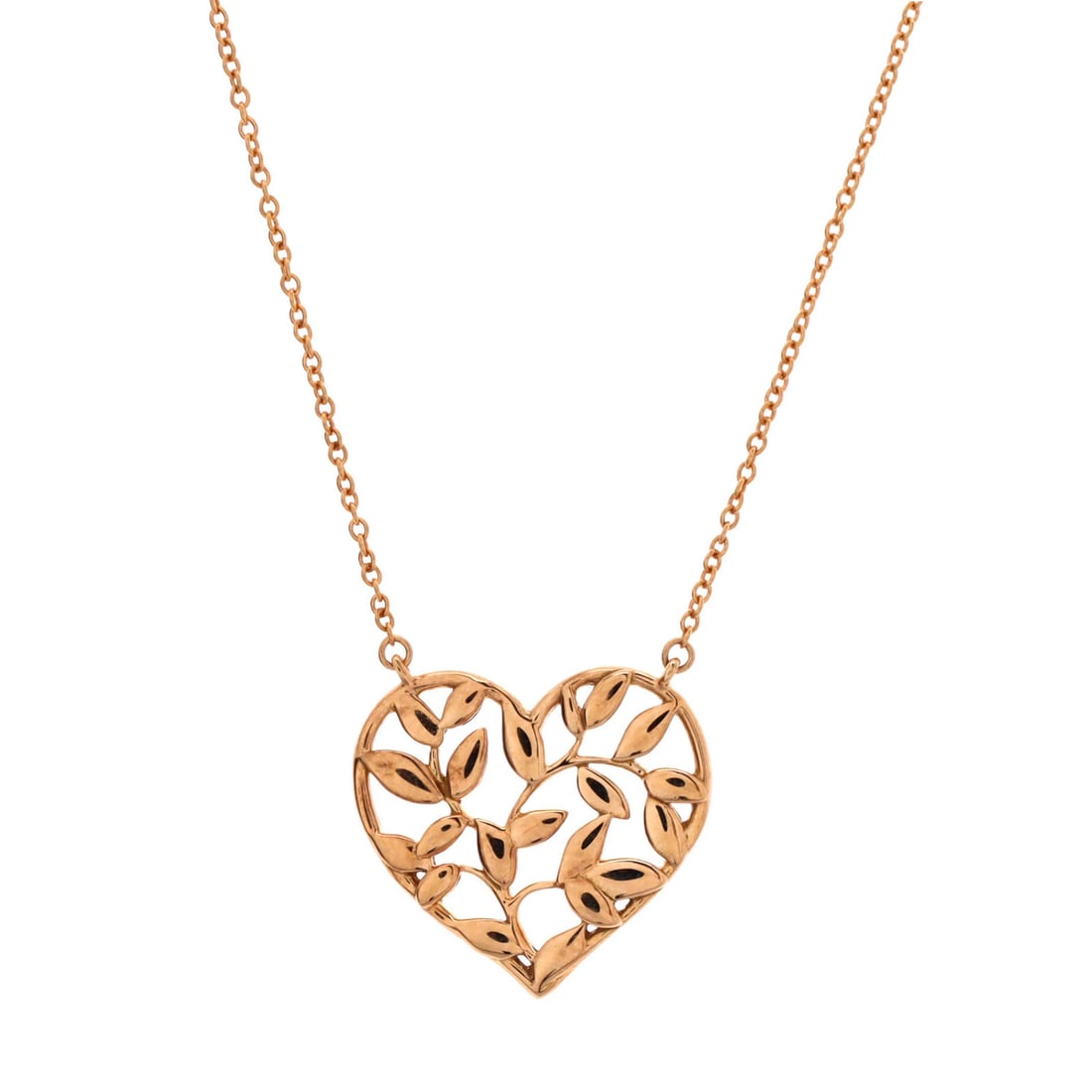 Tiffany & Co. Paloma Picasso Olive Leaf Heart Pendant Necklace 18K Rose Gold: Tiffany & Co. Paloma Picasso Olive Leaf Heart Pendant Necklace 18K Rose Gold 18K Rose Gold Olive Leaf Heart Pendant Necklace by Tiffany & Co. measures 18 inches in length, featuring an 18.2 inch