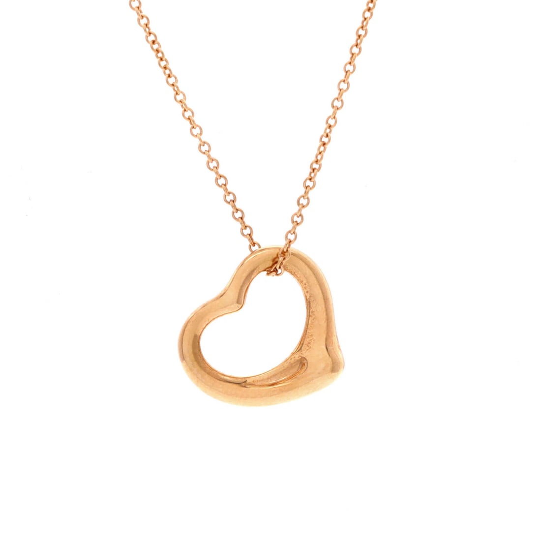 Elsa Peretti Pendant Open Heart 18K Rose Gold Necklace 16mm By Tiffany: Elsa Peretti Pendant Open Heart 18K Rose Gold Necklace 16mm By Tiffany 18K rose gold pendant necklace featuring the iconic Elsa Peretti Open Heart design, crafted with elegant simplicity. This exquisi