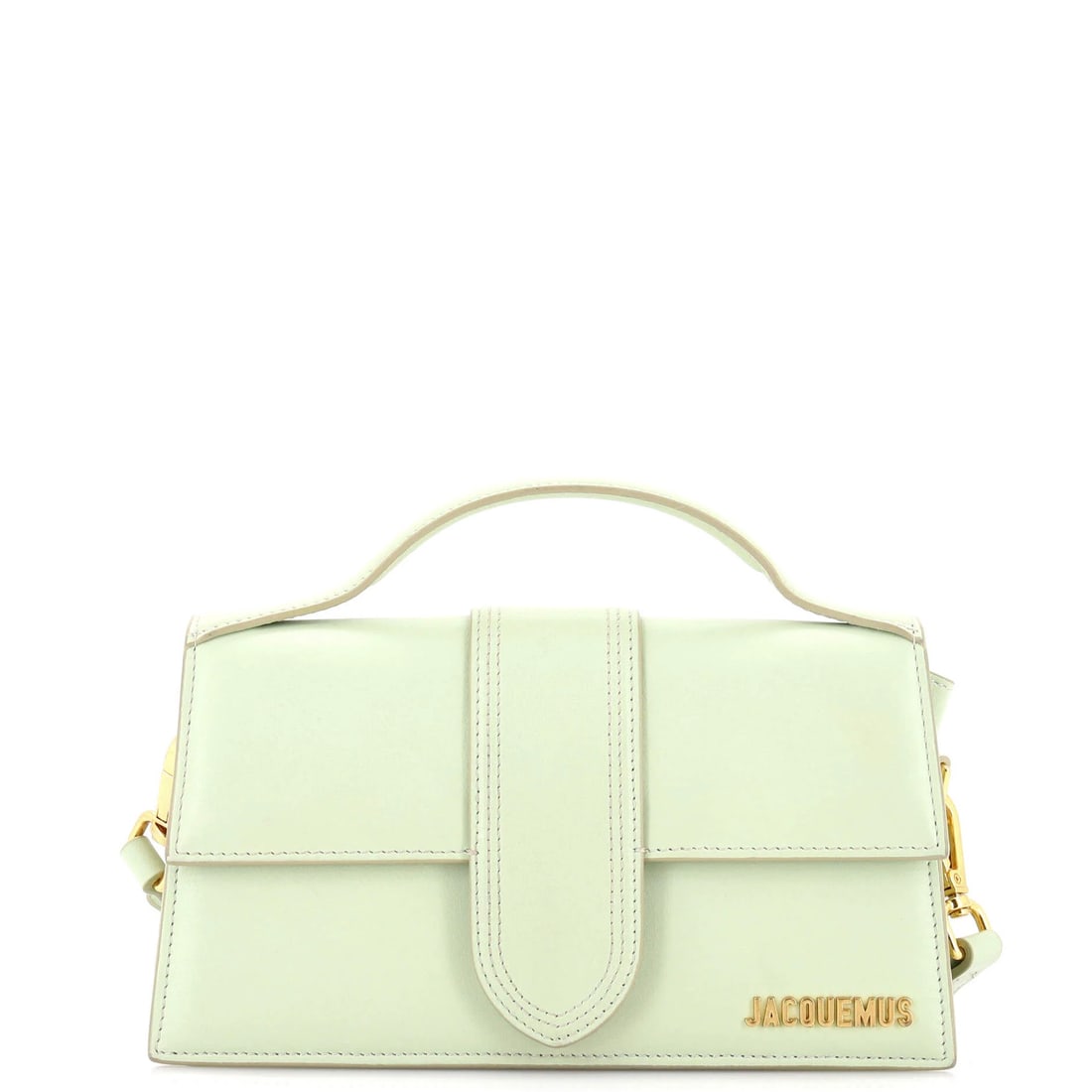 Leather flap bag bambino grand by Jacquemus: Leather flap bag bambino grand by Jacquemus Green leather cross body bag with flap closure, measuring approximately 4.5" tall and 9.5" wide, featuring silver hardware and a neutral interior. The