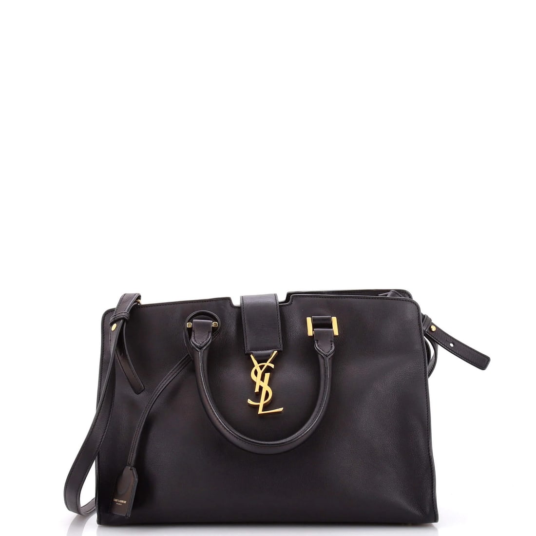Cabas Leather Small Monogram Saint Laurent: Cabas Leather Small Monogram Saint Laurent Small Monogram Saint Laurent Cabas Leather Satchel in Black. This black leather satchel features the iconic Monogram logo and comes with a gold clochette