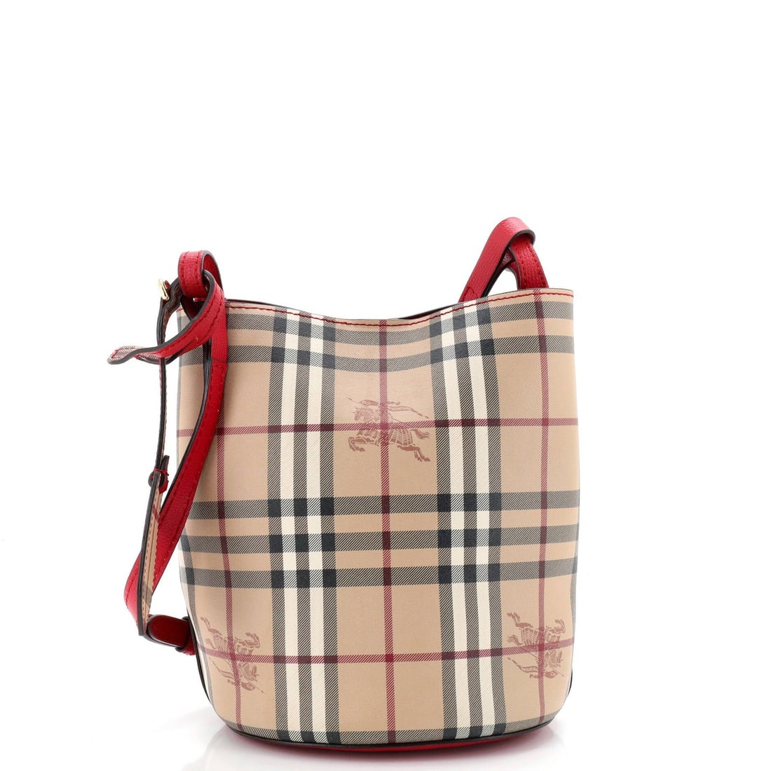 Burberry Coated Canvas Small Lorne Haymarket Bucket Bag: Burberry Coated Canvas Small Lorne Haymarket Bucket Bag The Burberry Coated Canvas Small Lorne Haymarket Bucket Bag boasts a classic brown color and canvas exterior with leather interior, adding a