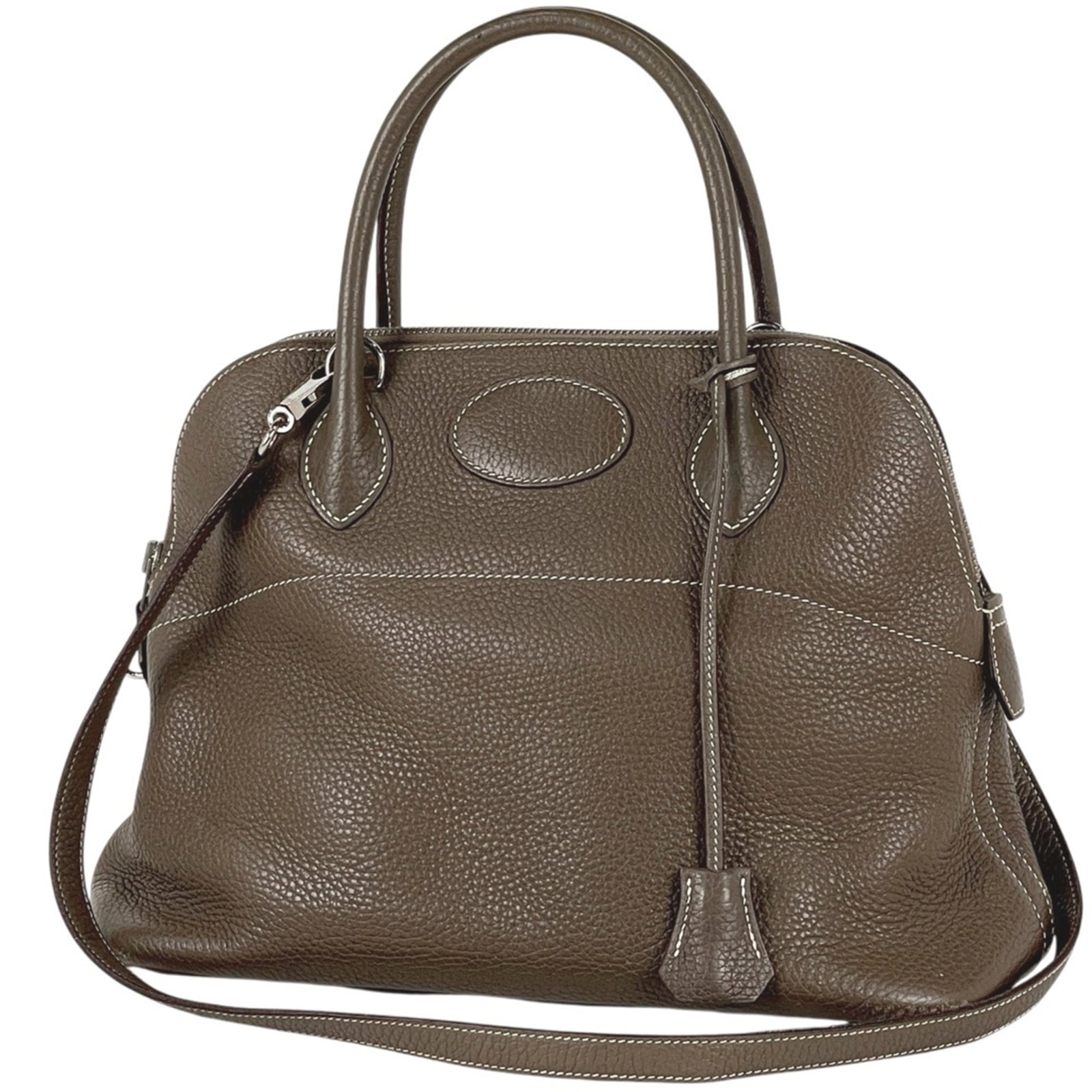 Hermes Handbag Taurillon Leather Clemence: Hermes Handbag Taurillon Leather Clemence Taurillon clemence leather provides a rich, velvety texture to the Etoupe gray Herm?s Handbag Taurillon Leather Clemence. Measuring 24cm x 31cm x 12cm, this c