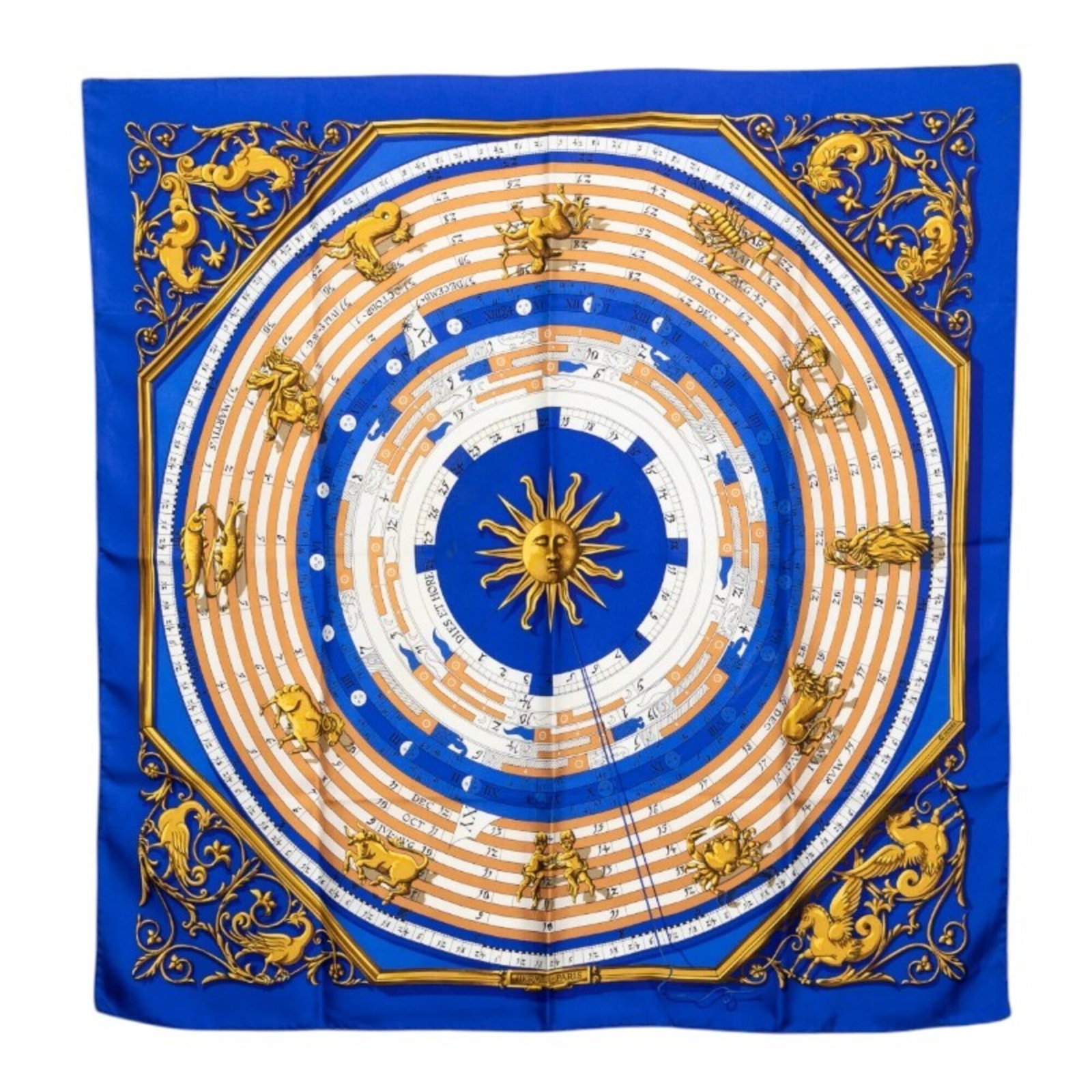 Hermes Silk Scarf: Hermes Silk Scarf Silk scarf from renowned brand Hermes, featuring a striking blue and multi-color design. Made from high-quality silk, measuring 87cm x 88cm in size. This beautiful accessory showcase