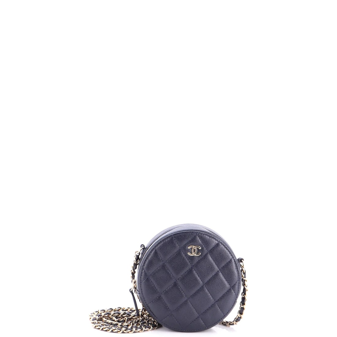Mini round clutch with chain quilted caviar Chanel: Mini round clutch with chain quilted caviar Chanel Mini round clutch with chain quilted caviar design in blue leather exterior, featuring gold tone hardware and a 23" strap drop. The interior boasts a