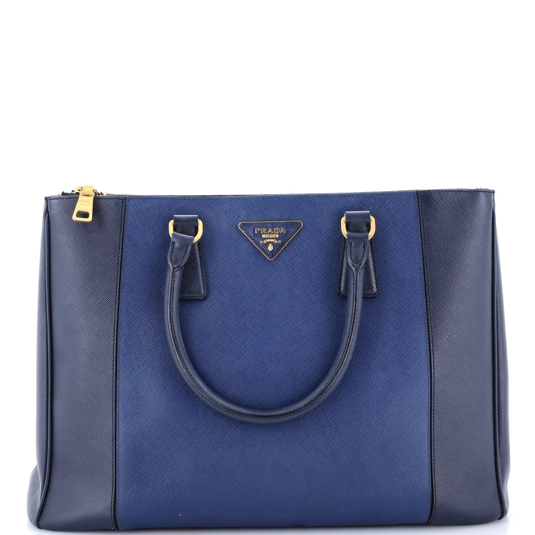Bicolor Double Zip Lux Tote Saffiano Leather Medium: Bicolor Double Zip Lux Tote Saffiano Leather Medium The Prada Bicolor Double Zip Lux Tote Saffiano Leather Medium boasts a striking blue exterior with a luxurious feel, thanks to its high-quality Saff