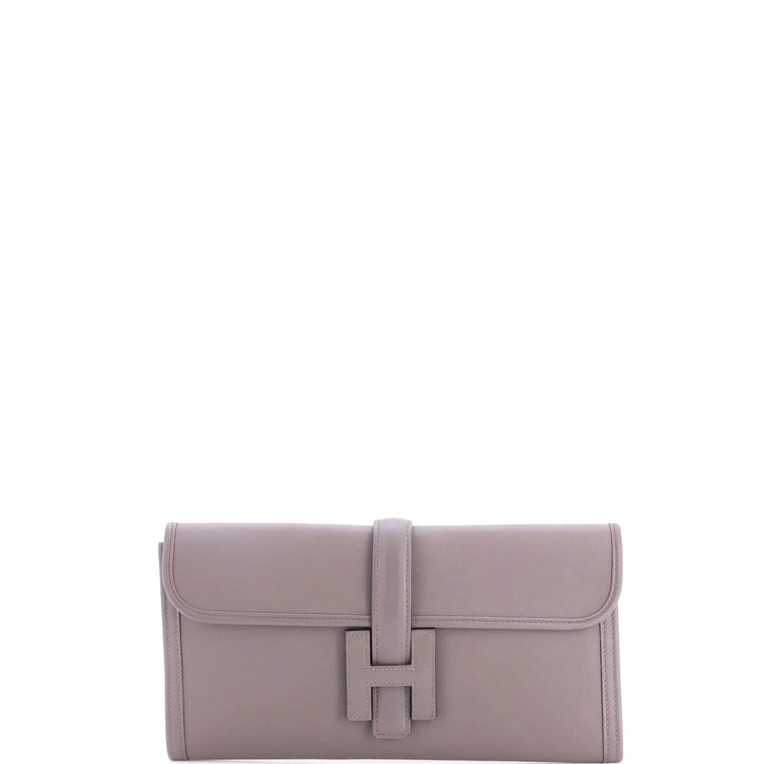 Jige Elan Hermes Swift Clutch: Jige Elan Hermes Swift Clutch The Jige Elan Hermes Swift Clutch boasts sleek, gray leather exterior with clean lines and minimal creases. Measuring 6" in height, 11.5" in width, and 1" in depth, this