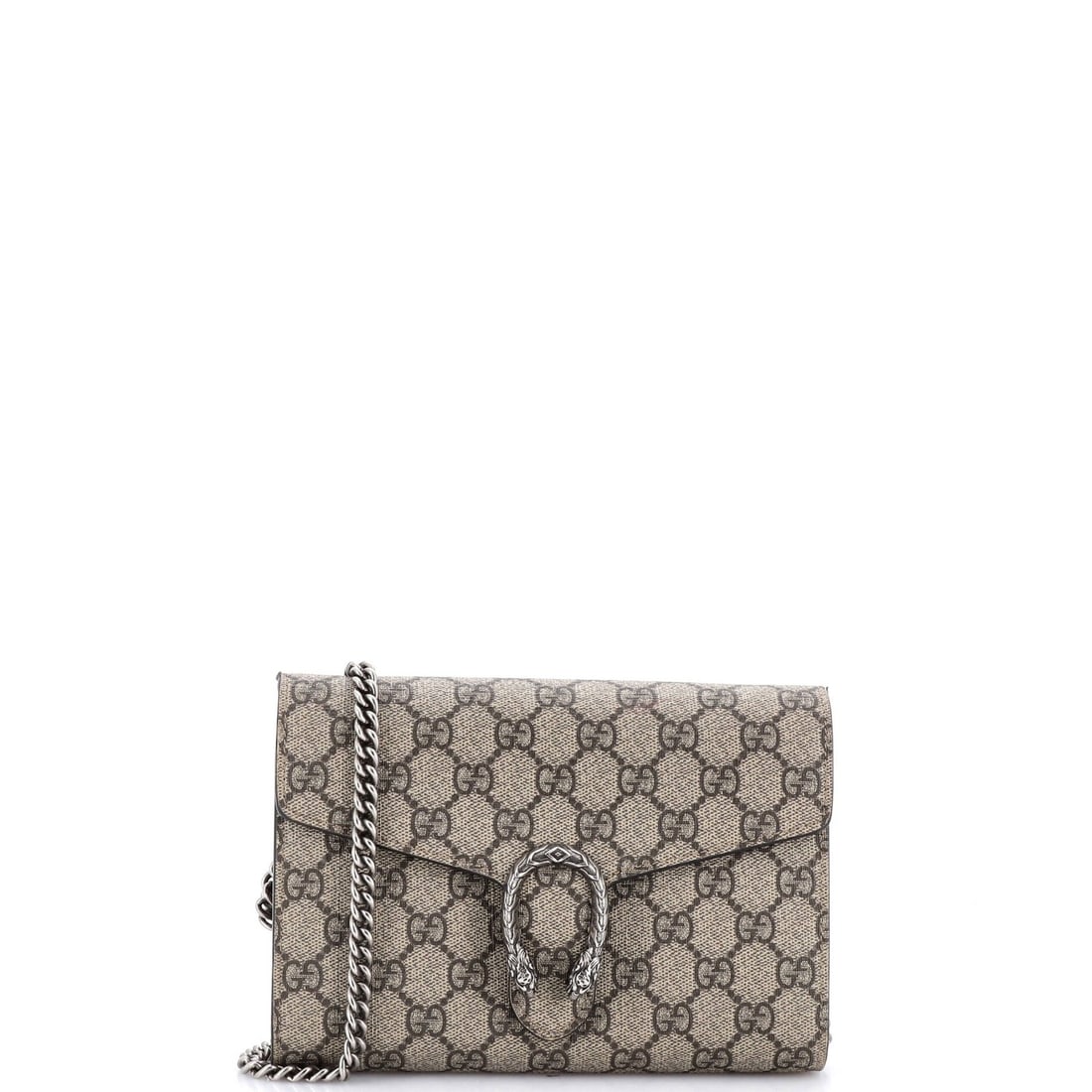 Small chain wallet coated canvas GG Gucci Dionysus: Small chain wallet coated canvas GG Gucci Dionysus Small chain wallet coated canvas GG Gucci Dionysus. This stylish cross body bag features a brown canvas exterior with minor creases and corner wear,