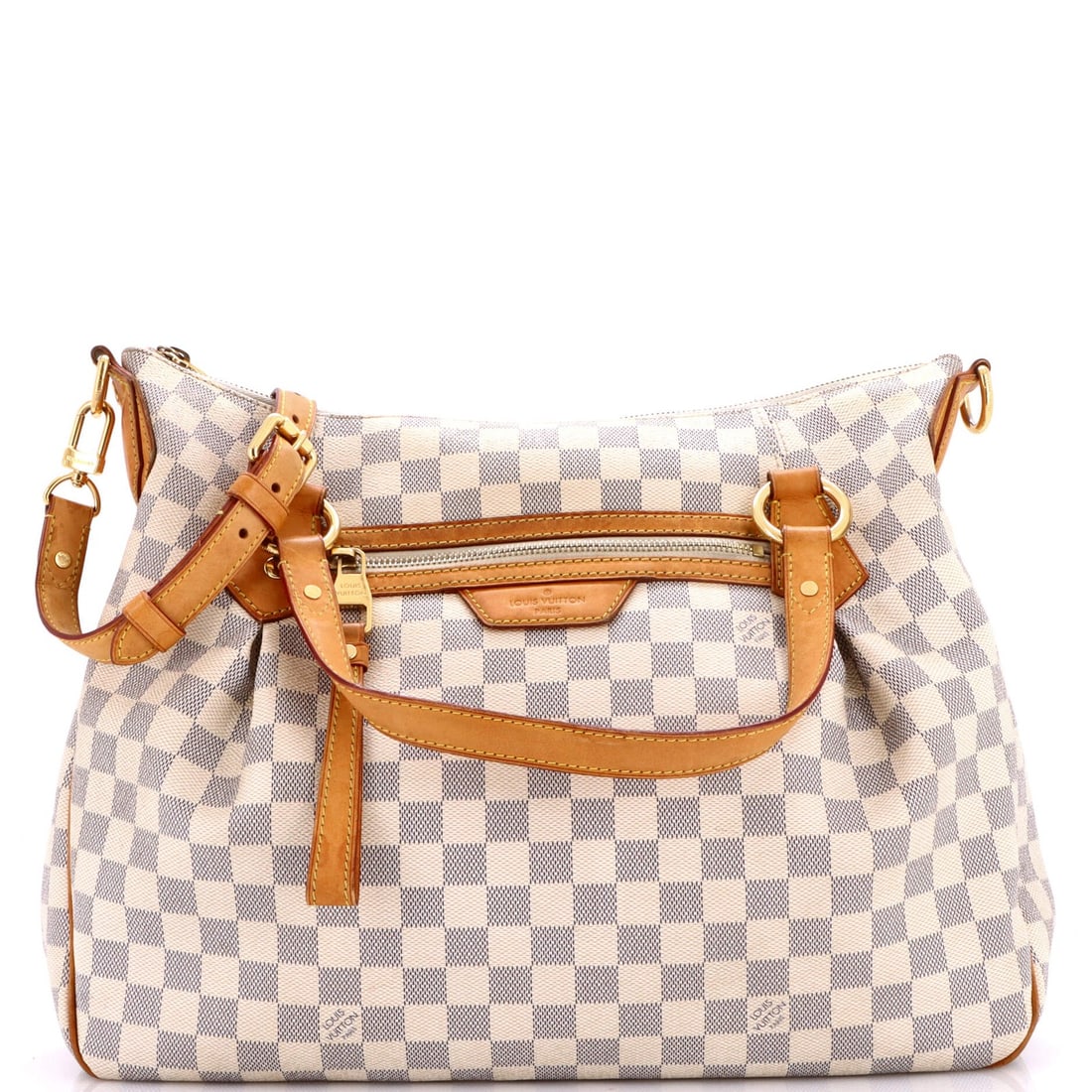 Vuitton MM Handbag Damier Evora: Vuitton MM Handbag Damier Evora White Louis Vuitton Damier Evora MM Handbag. This canvas-coated satchel features a neutral interior, gold hardware, and a signature Evora design. With its classic