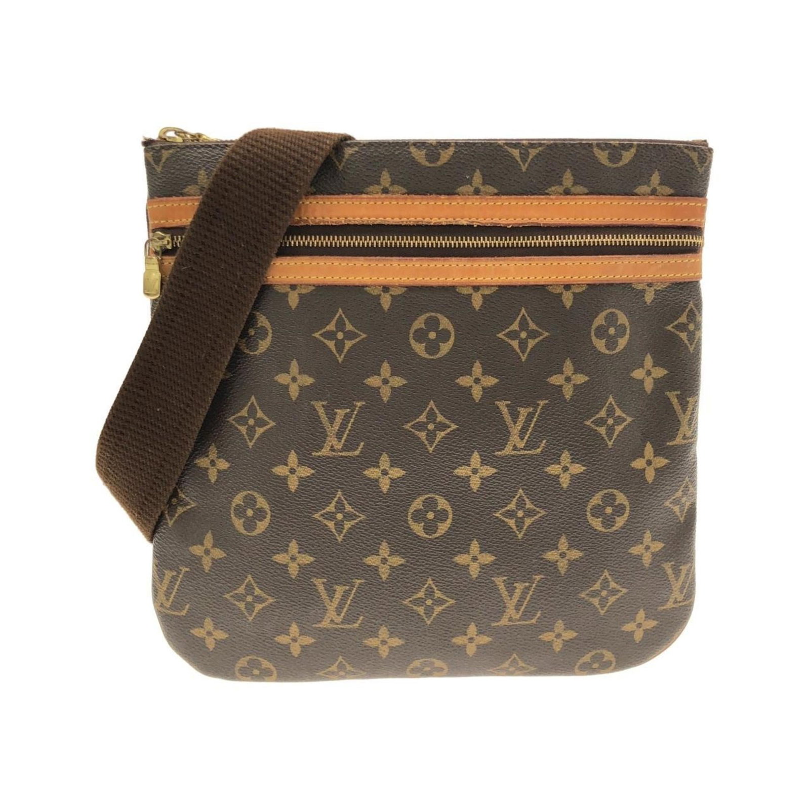 Coated Canvas Shoulder Bag Louis Vuitton: Coated Canvas Shoulder Bag Louis Vuitton Coated canvas shoulder bag in Marron, featuring gold hardware. This stylish Pochette measures 26cm x 26cm x 2cm and boasts a classic Louis Vuitton design. Made