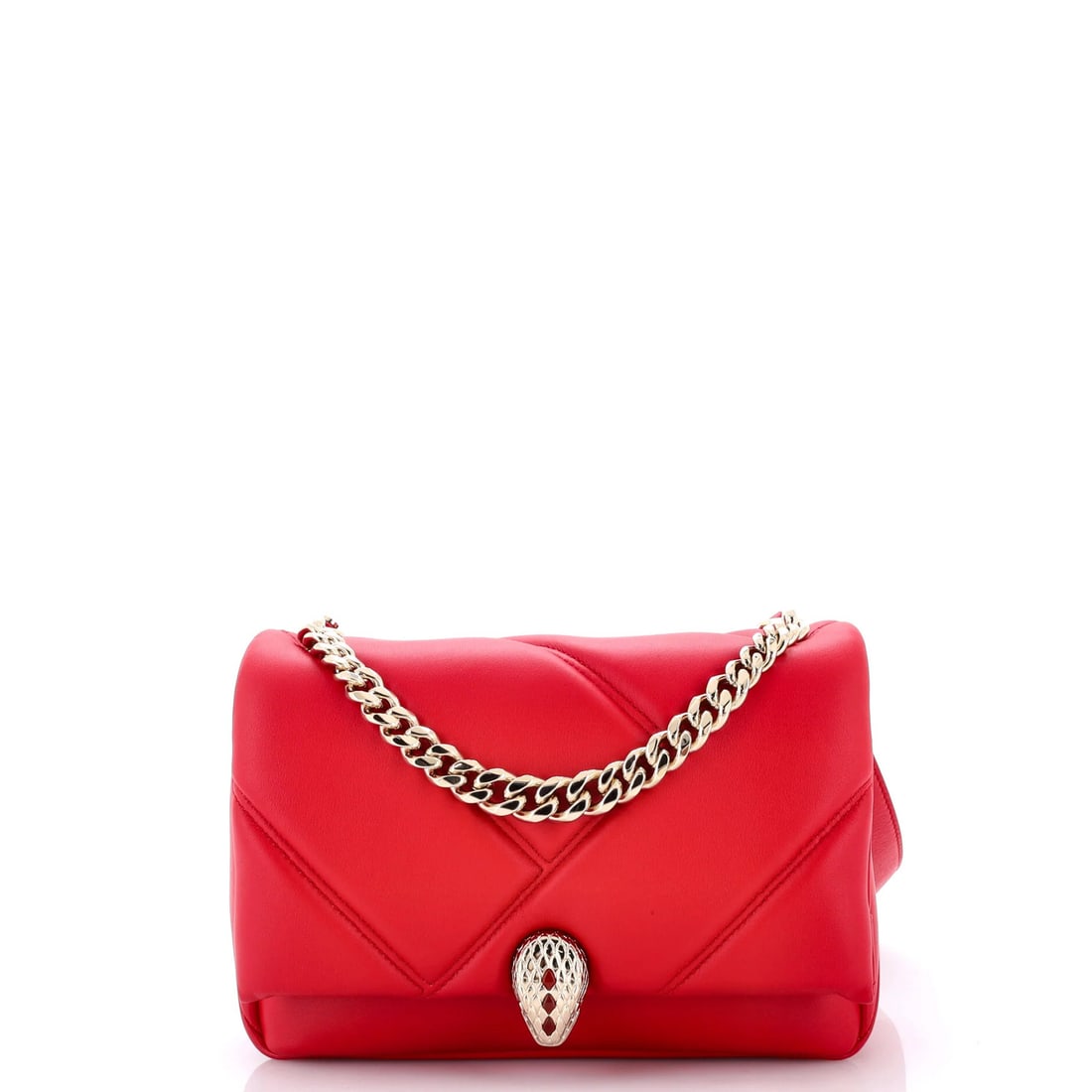 Small leather quilted bag with serpenti cabochon messenger bag: Small leather quilted bag with serpenti cabochon messenger bag Small leather quilted bag with serpenti cabochon messenger bag in red exterior, featuring diagonal quilted leather and pink interior. The