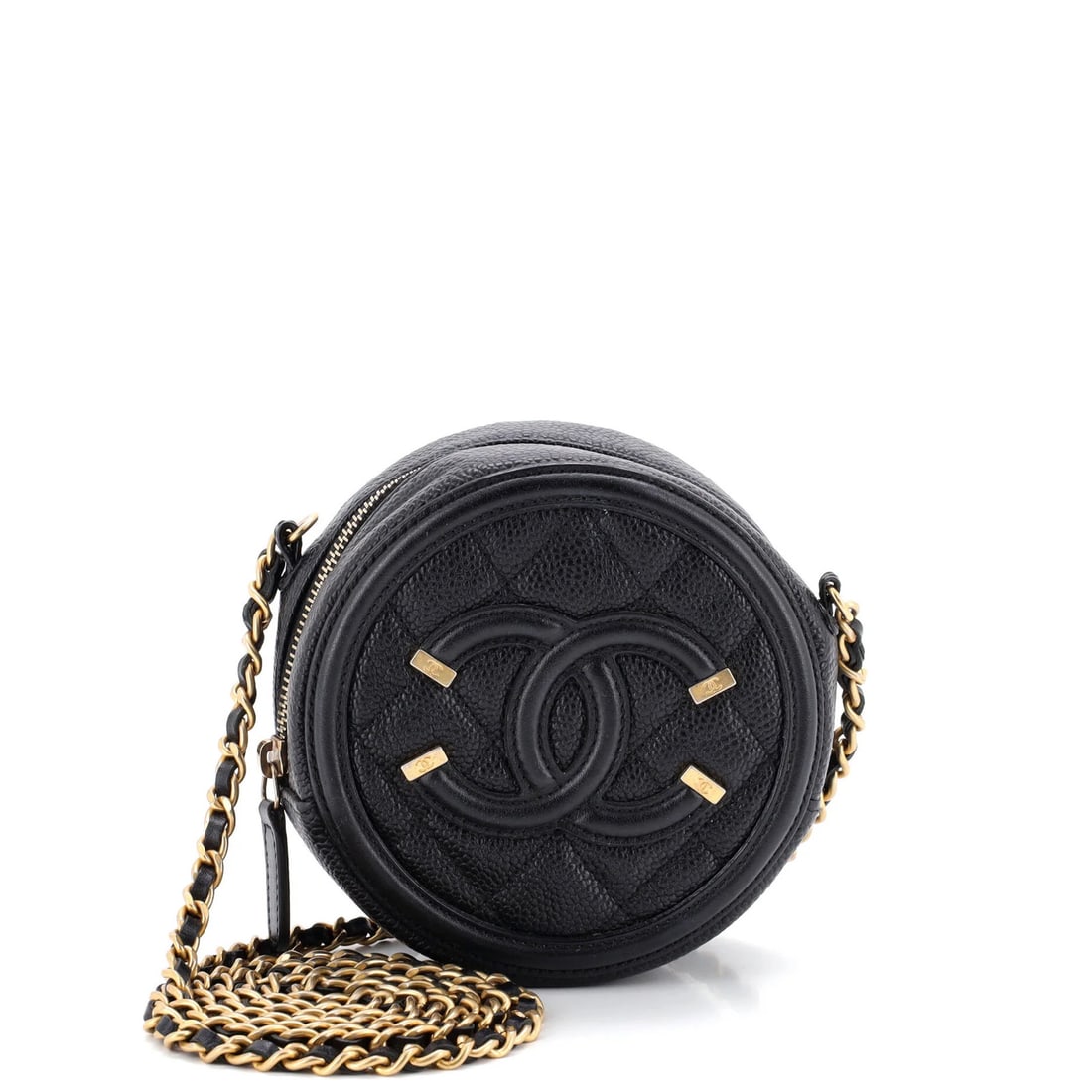 Chanel chain quilted mini caviar clutch with filigree round: Chanel chain quilted mini caviar clutch with filigree round Black leather Chanel chain quilted mini caviar clutch with filigree round exterior features heavy creases, scuffs, and edge wear. The interi