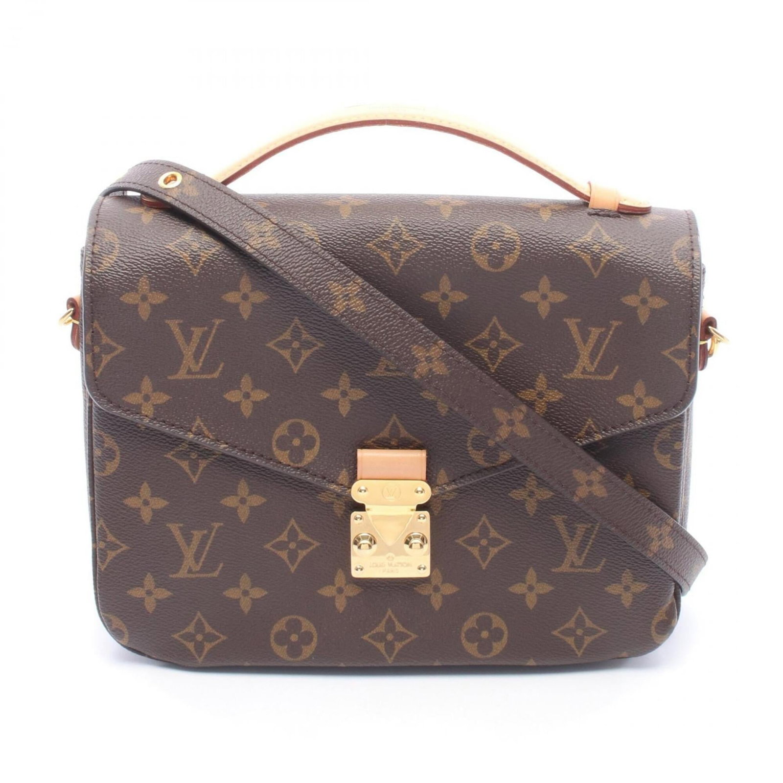 Monogram Leather Louis Vuitton Pochette Handbag: Monogram Leather Louis Vuitton Pochette Handbag Monogram Leather Louis Vuitton Pochette Handbag in Brown features the iconic monogram pattern, crafted from high-quality leather. Measuring 18.5cm x 24c