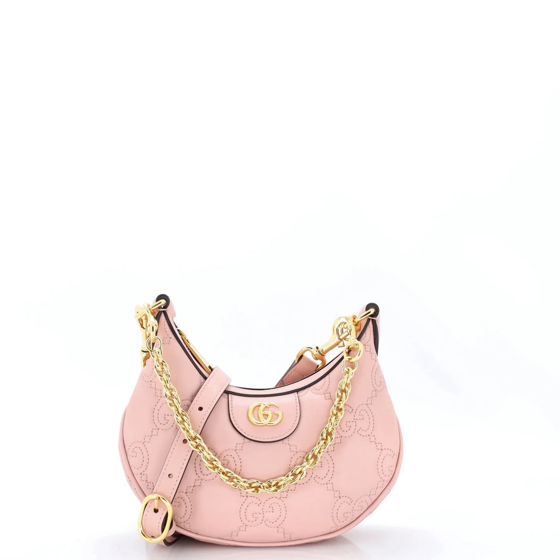 Half Moon Hobo Matelasse Leather Mini Gucci: Half Moon Hobo Matelasse Leather Mini Gucci Pink Matelasse Leather Mini Gucci Hobo Bag with Gold Hardware, featuring scuffs and edge wear on the exterior, minor creases and discoloration on the handle