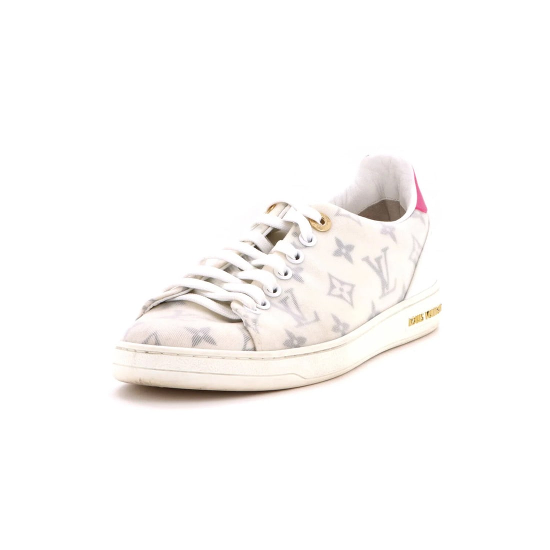 Louis Vuitton Women's FrontRow Sneakers Monogram Fabric: Louis Vuitton Women's FrontRow Sneakers Monogram Fabric White Louis Vuitton Women's FrontRow Sneakers Monogram Fabric feature a pink and white exterior with gold hardware, showcasing the iconic