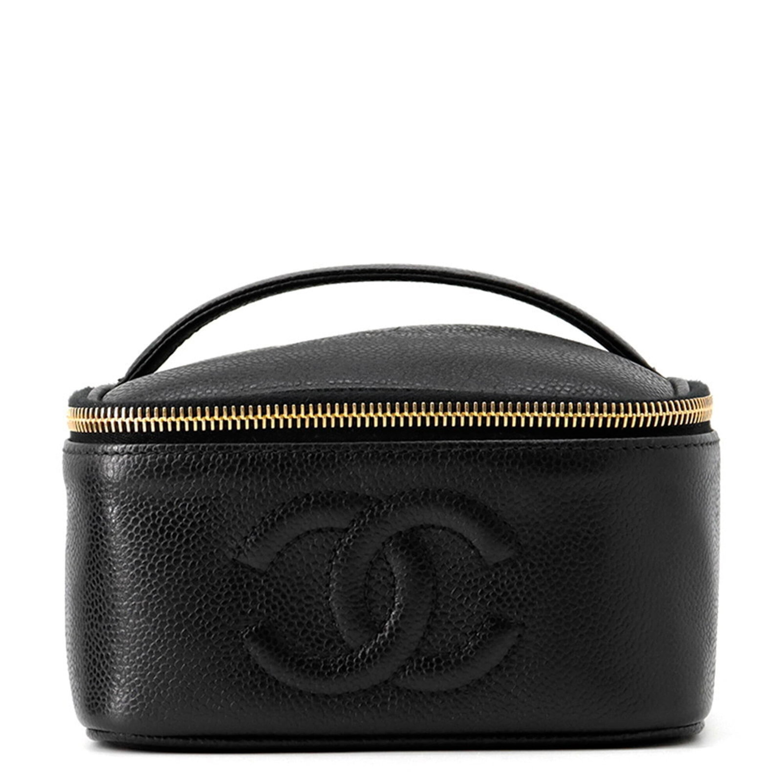 Chanel Handbag Vanity Bag Grained Calfskin: Chanel Handbag Vanity Bag Grained Calfskin Black Grained Calfskin Chanel Handbag Vanity Bag with precise measurements and Italian Country of Origin. This luxury handbag features high-quality materials