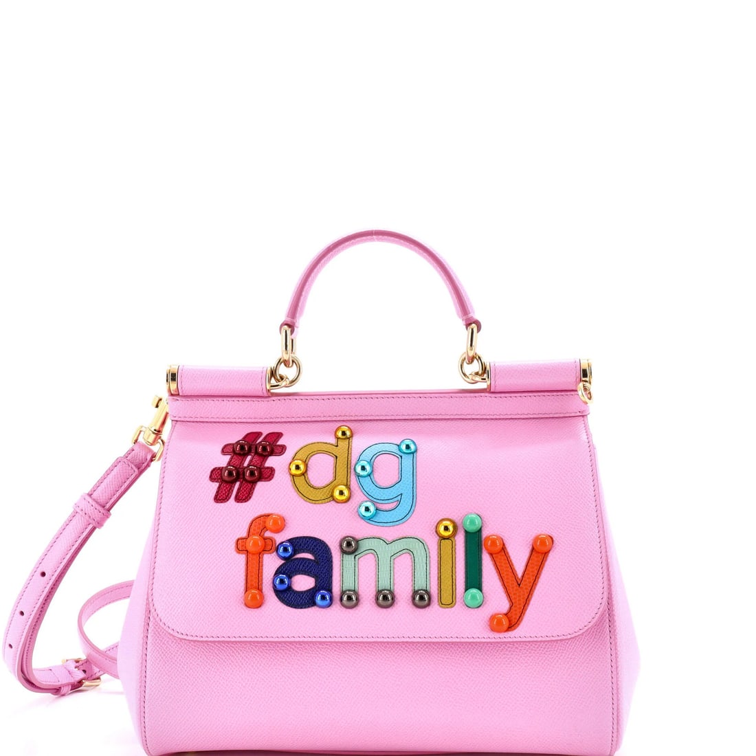 Bag Embellished Leather Printed Sicily Miss Dolce: Bag Embellished Leather Printed Sicily Miss Dolce Pink leather bag with embellished print, featuring a top handle and mirror with strap. The Miss Sicily style boasts a unique design, measuring 8"