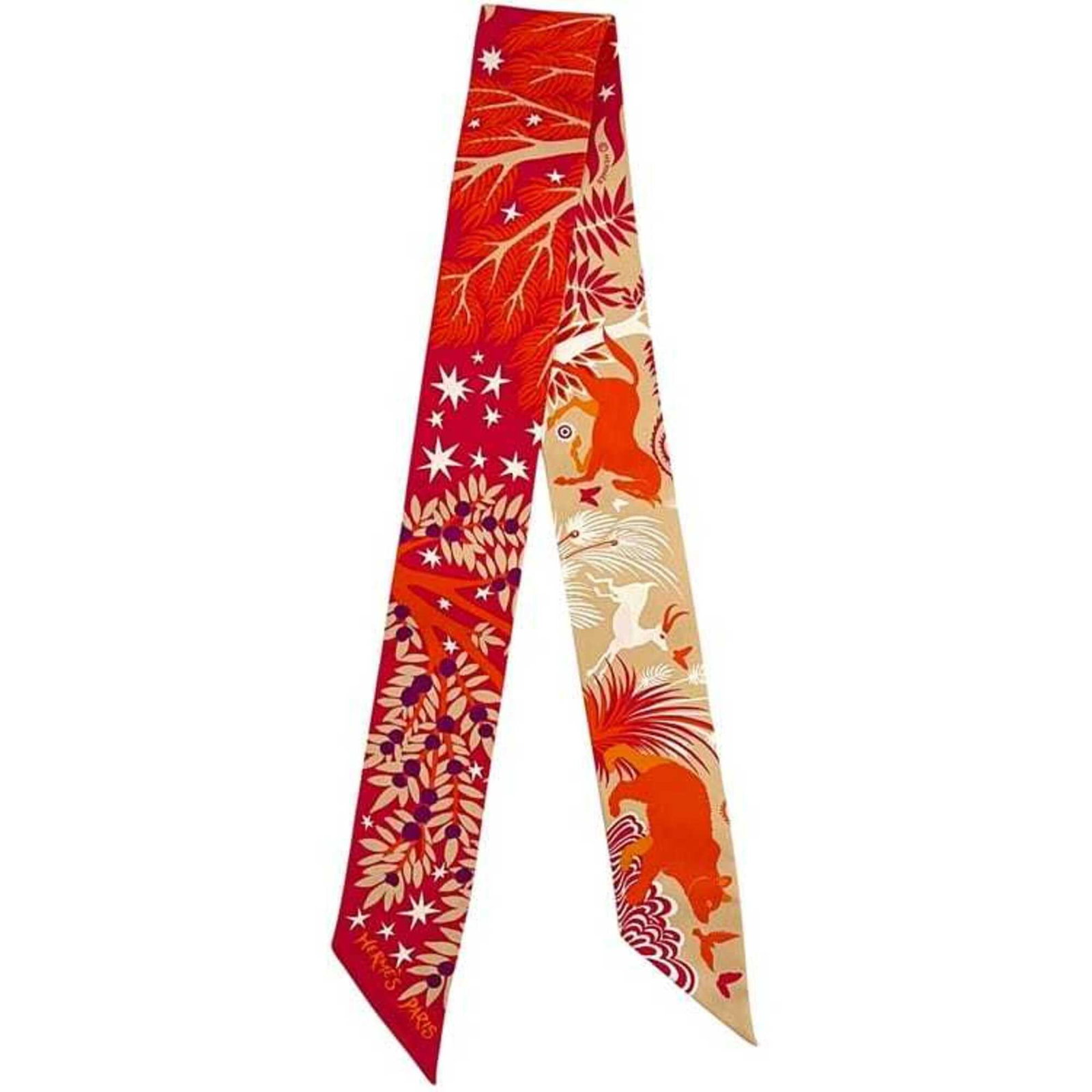 Silk Hermes Scarf 100%: Silk Hermes Scarf 100% Silk Hermes Scarf in vibrant orange and red hues, crafted from 100% high-quality silk. Measuring 85cm x 5cm, this compact Twilly scarf boasts a unique blend of color and texture