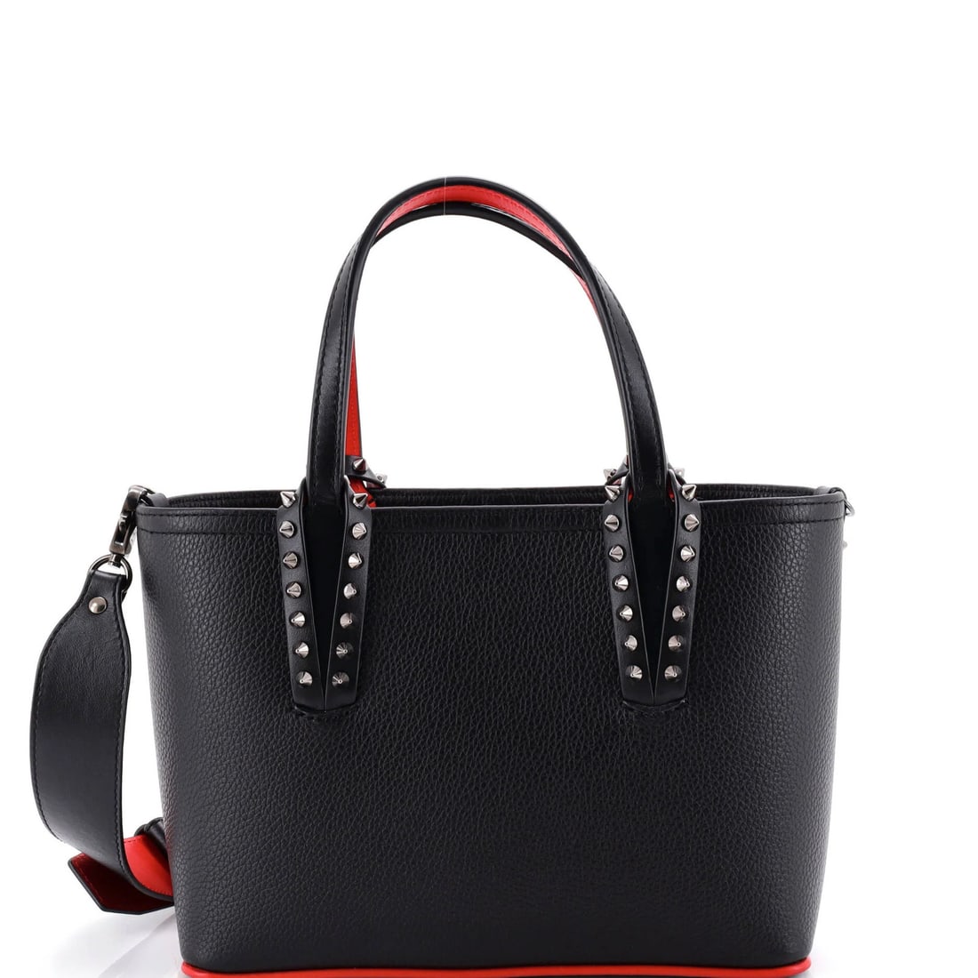 East West Leather Mini Cabata Tote Christian: East West Leather Mini Cabata Tote Christian Black leather mini Cabata East West Tote by Christian Louboutin, featuring scuffed exterior and minor creases, with red interior and gun metal hardware.