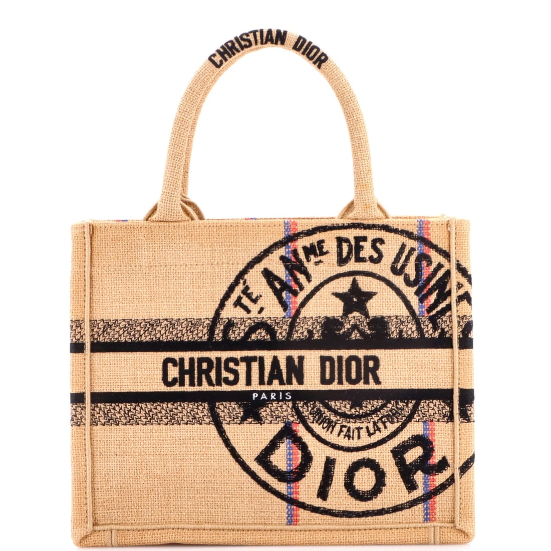 Small Christian Dior Book Tote Canvas Embroidered Jute: Small Christian Dior Book Tote Canvas Embroidered Jute Small Christian Dior Book Tote Canvas Embroidered Jute. This neutral-colored, small book tote features exterior jute canvas with embroidered