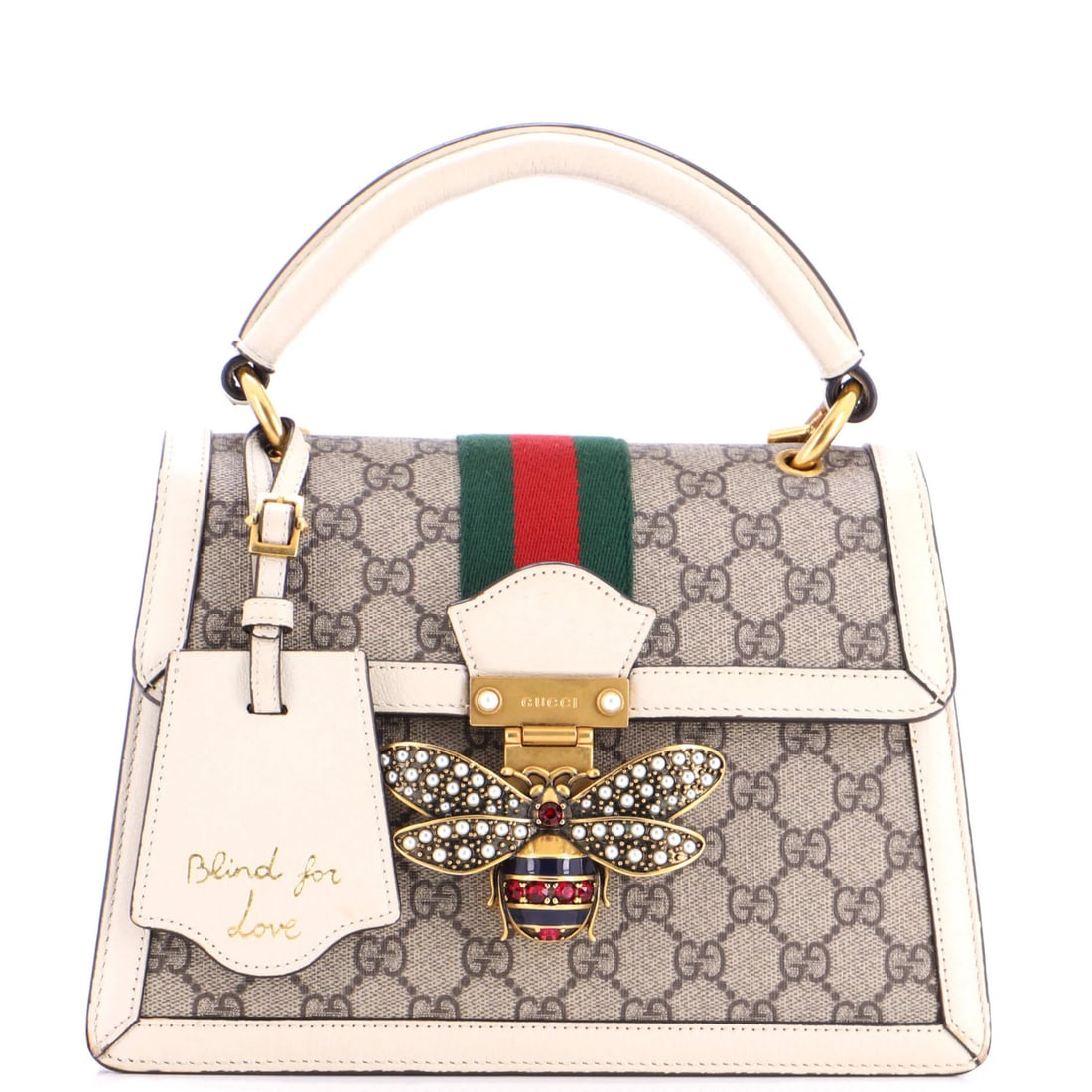 Margaret Top Handle Bag with Small Leather Coated Canvas by Gucci: Margaret Top Handle Bag with Small Leather Coated Canvas by Gucci Small, neutral-colored Gucci bag with top handle and GG coated canvas exterior. Features aged gold hardware and microfiber interior,