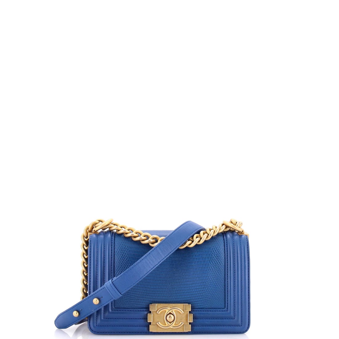 Boy Small Lizard Flap Bag Chanel: Boy Small Lizard Flap Bag Chanel Blue Lizard Leather Boy Flap Bag in Good Condition. This small, stylish bag features lizard leather exterior with gold hardware and measures 5" tall, 8" wide, and 3"